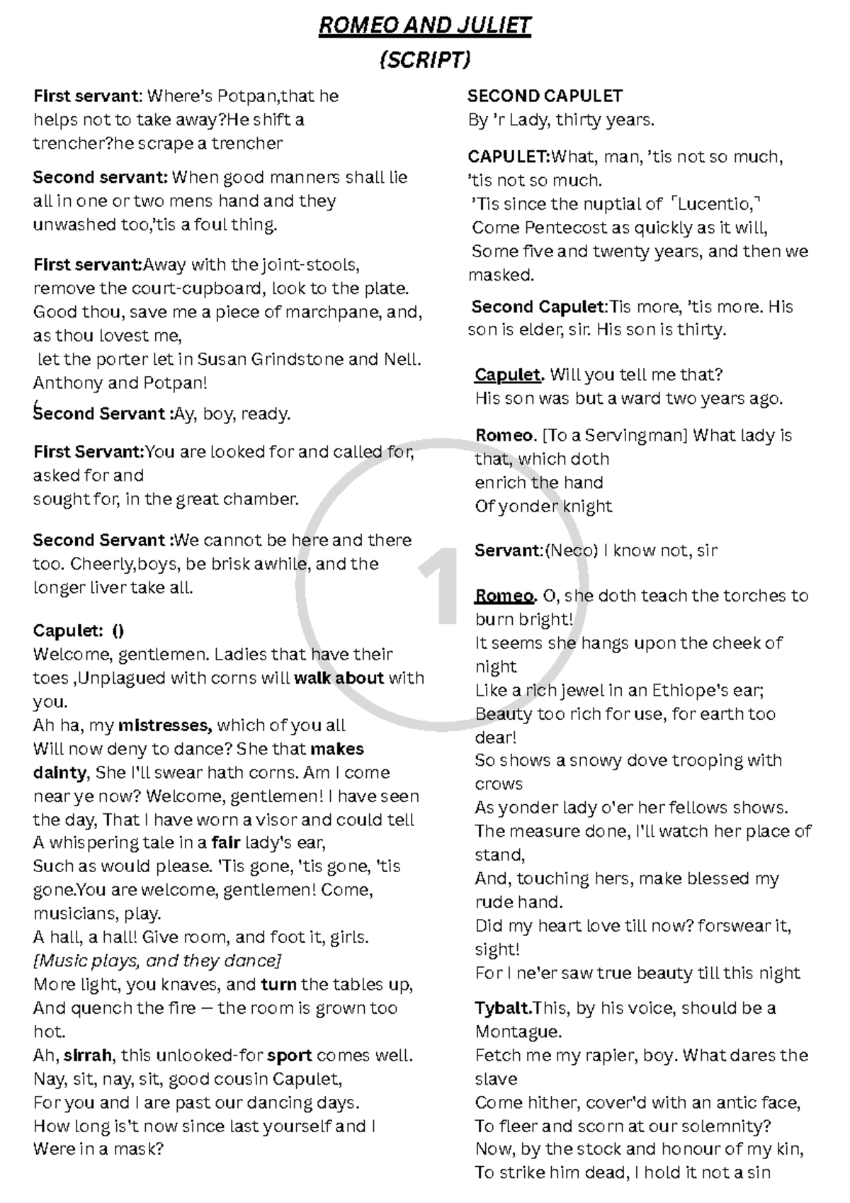 Romeo and Juliet (G1) - Complete Script Analysis - Studocu