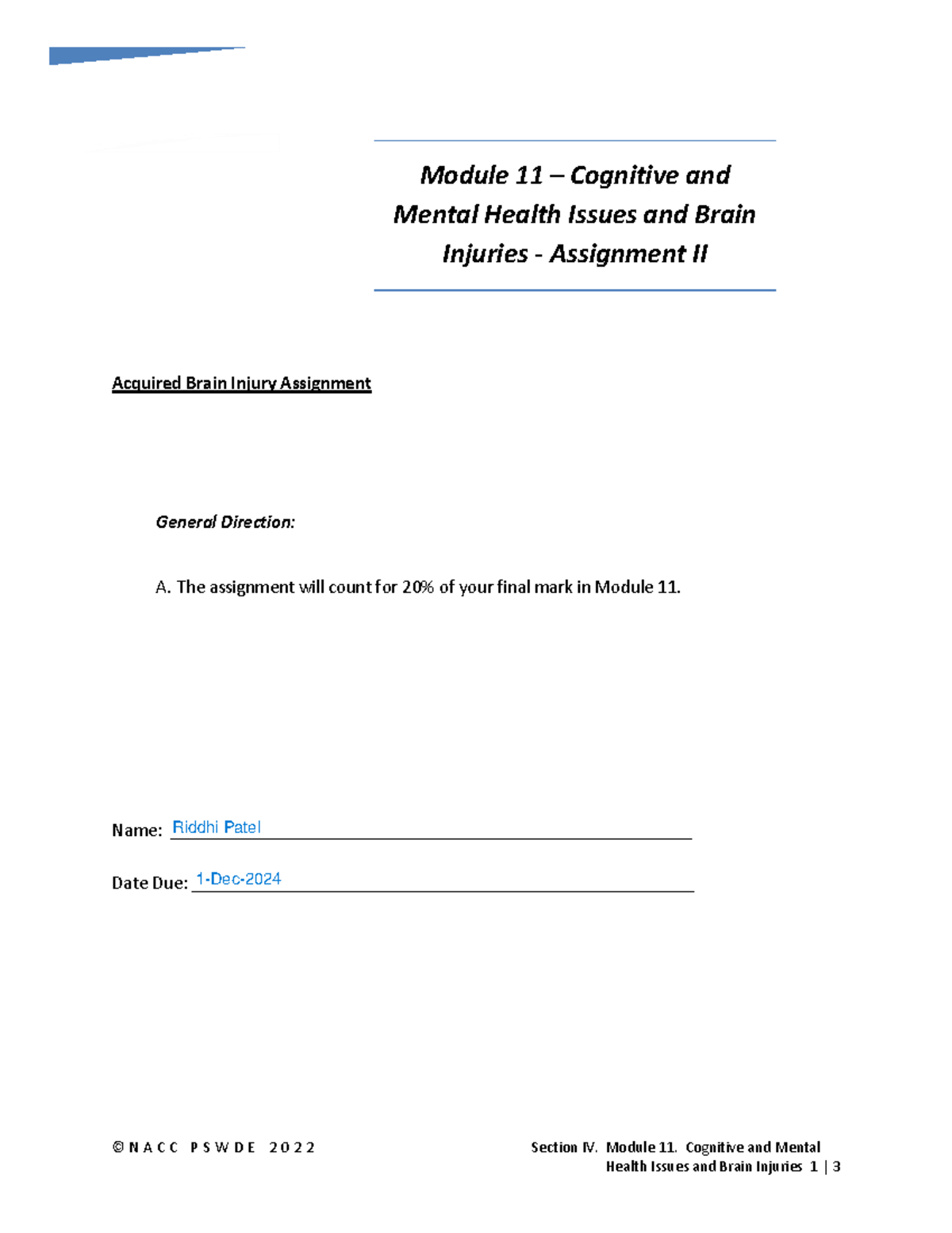 IV-12.2 Assigmt - Module 11 Cognitive Impairment-II-1 - © N A C C P S W ...