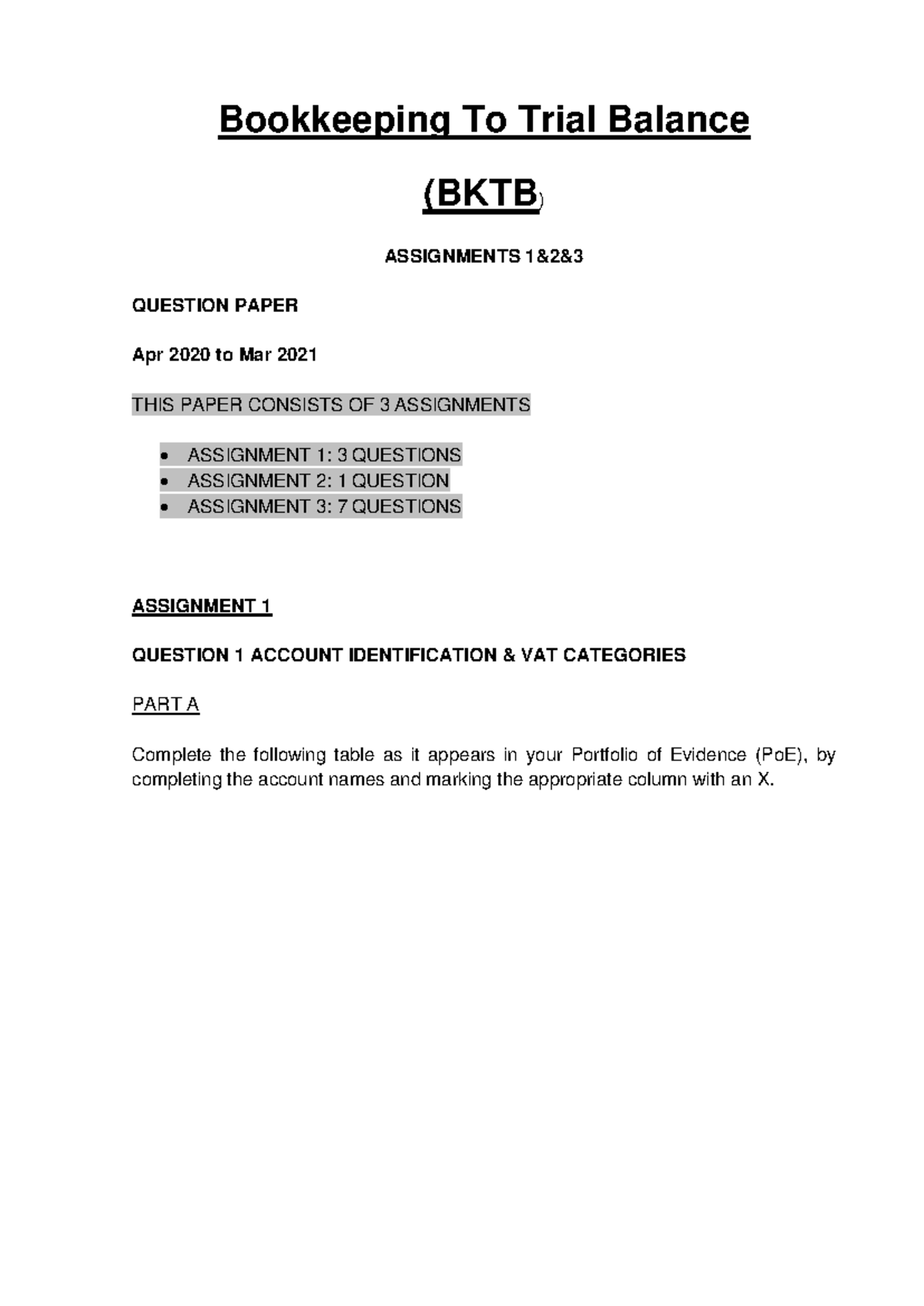 BKTB Bookkeeping Assignments: From Transactions to Trial Balance - Studocu