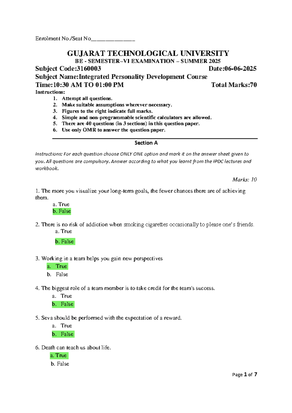 S25-IPDC Integrated Personality Development Exam Paper with Answers ...