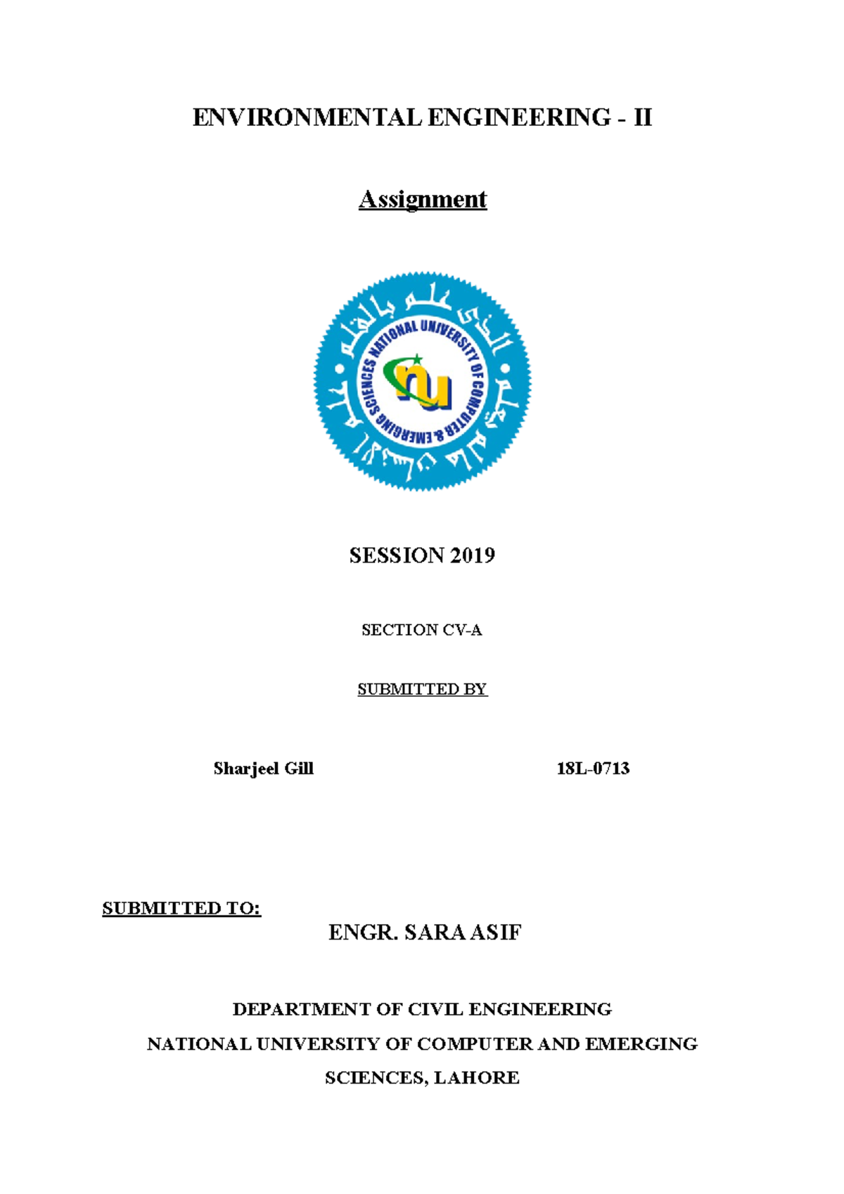 EE -2 (Assignment 1) - ENVIRONMENTAL ENGINEERING - II Assignment ...