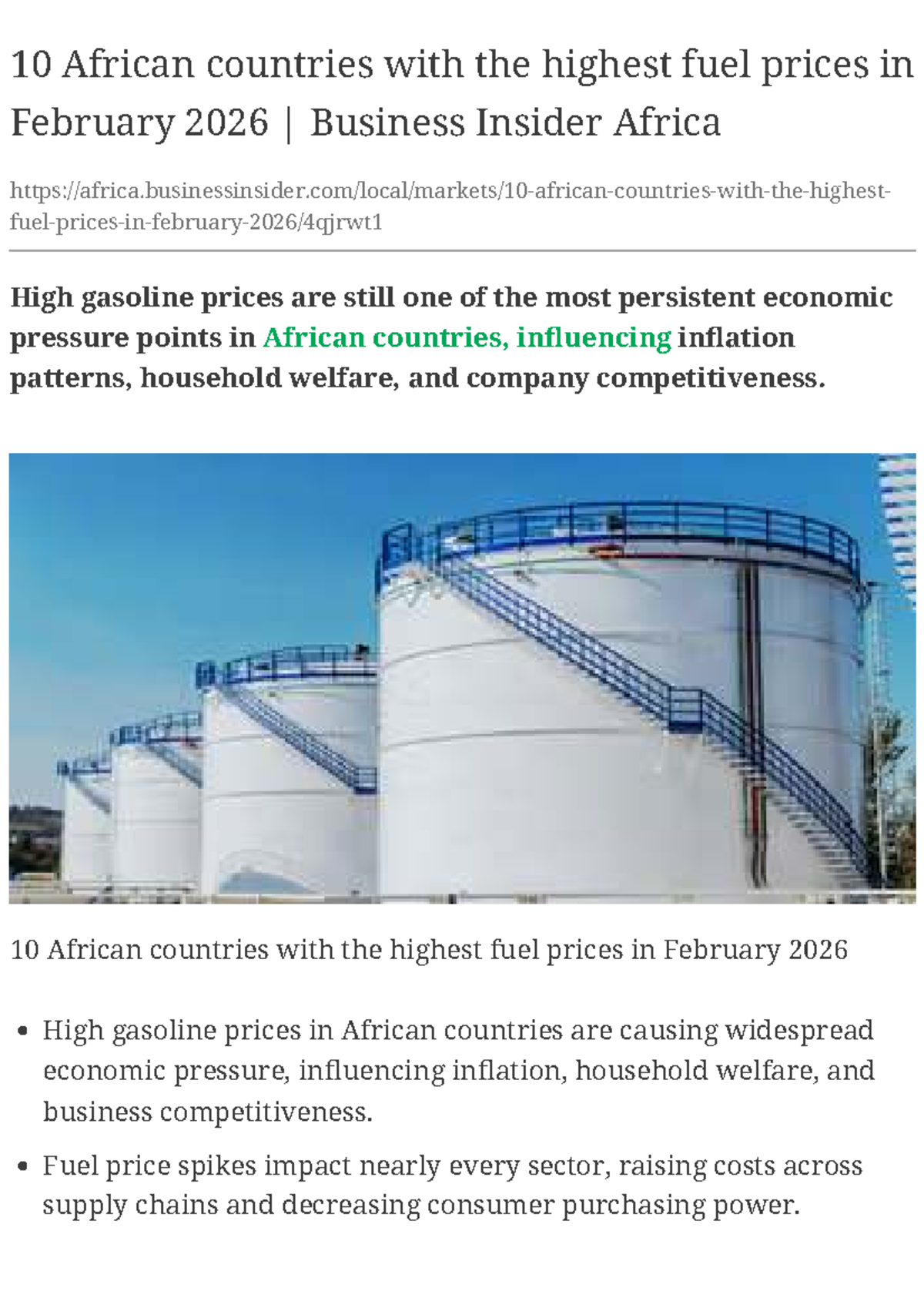 10 African Countries with Highest Fuel Prices - Feb 2026 Analysis - Studocu