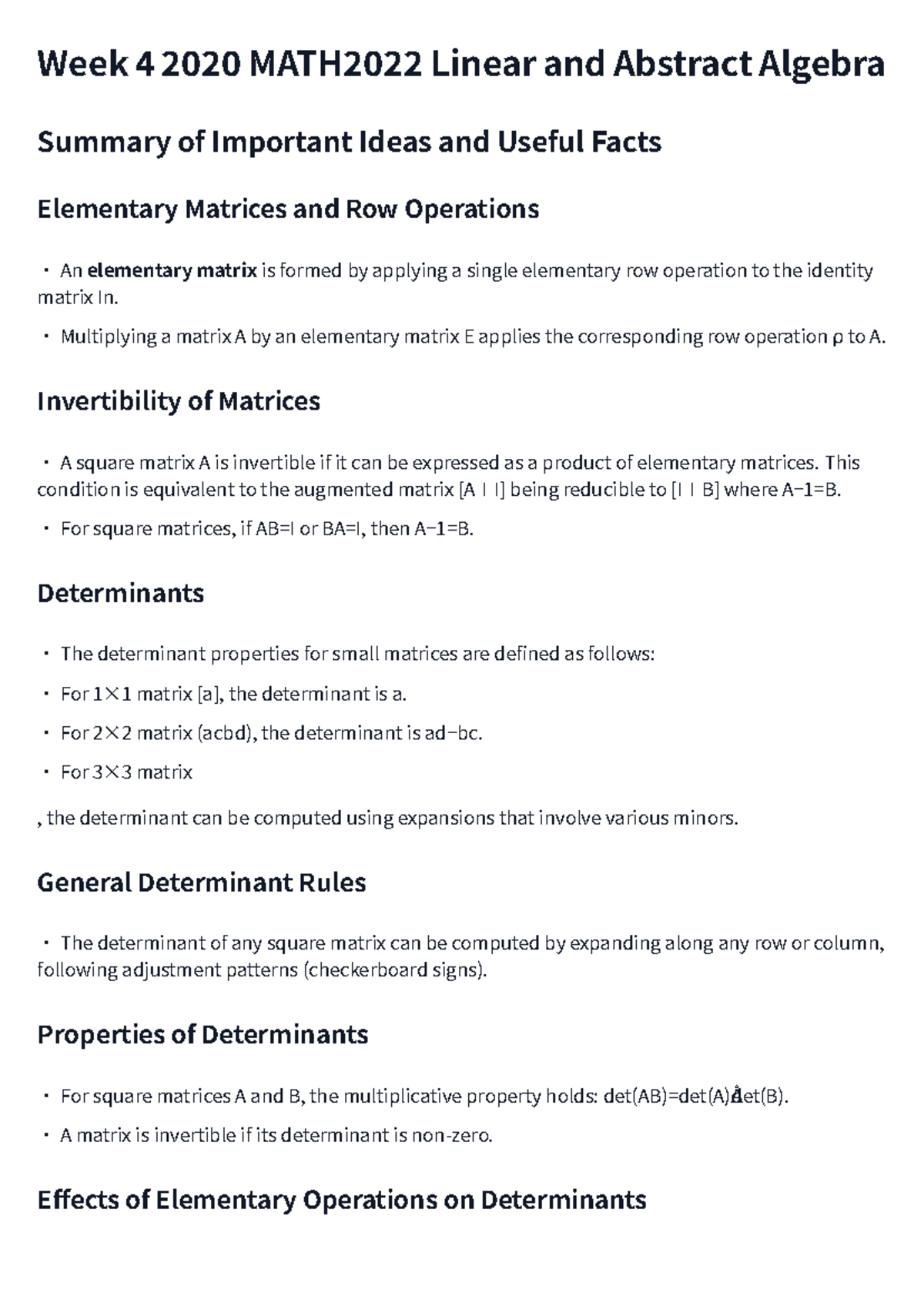 2020 MATH2022 Week 4 Summary: Linear & Abstract Algebra Concepts - Studocu