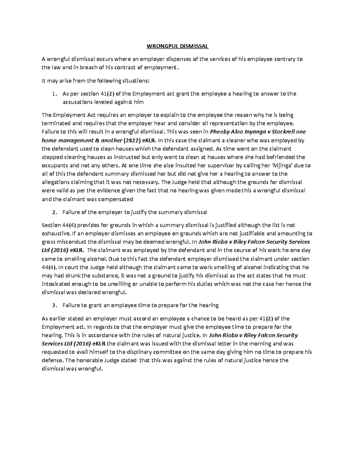 Law 305: Case Study on Wrongful Dismissal and Legal Precedents - Studocu