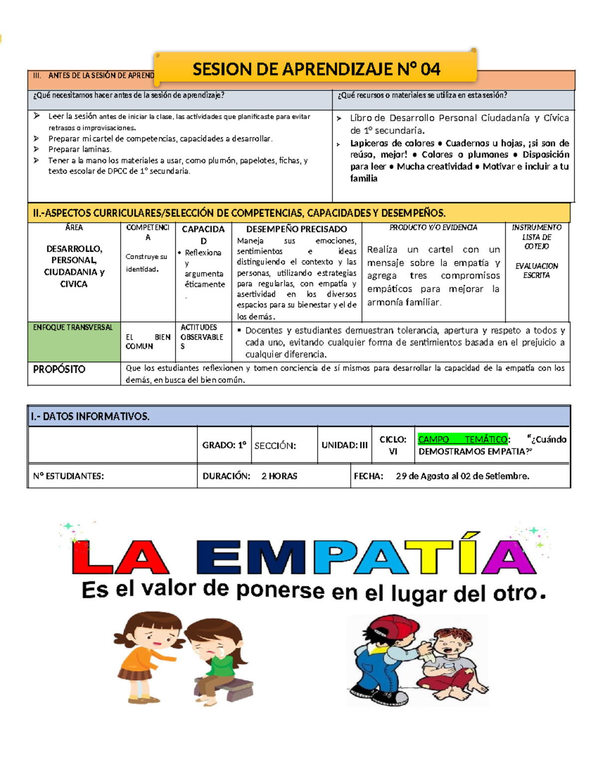 Sesion de Aprendizaje N° 10: Fomentando la Empatía en Clase - Studocu
