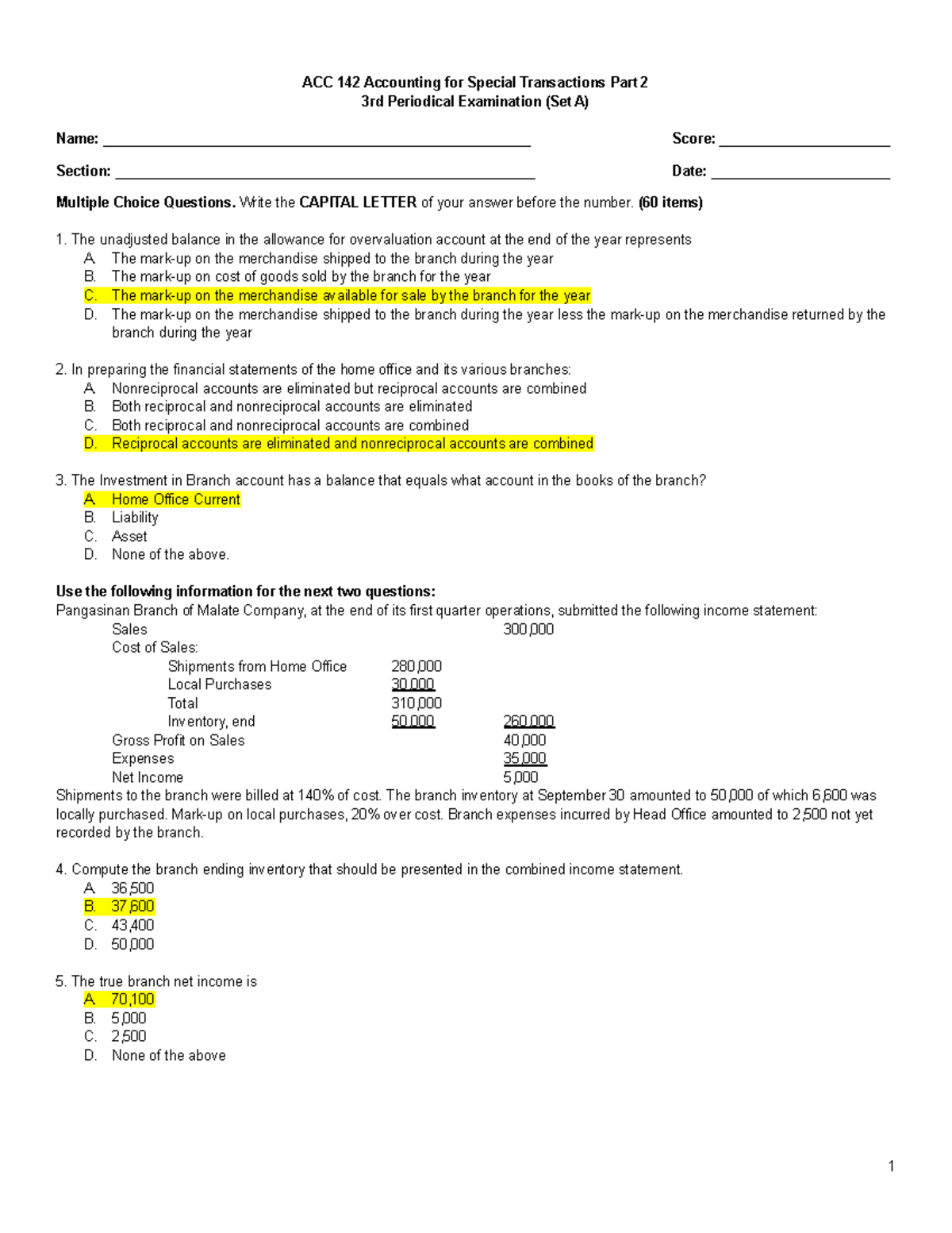 ACC 142 Accounting for Special Transactions Part 2 Midterm Exam (Set A ...