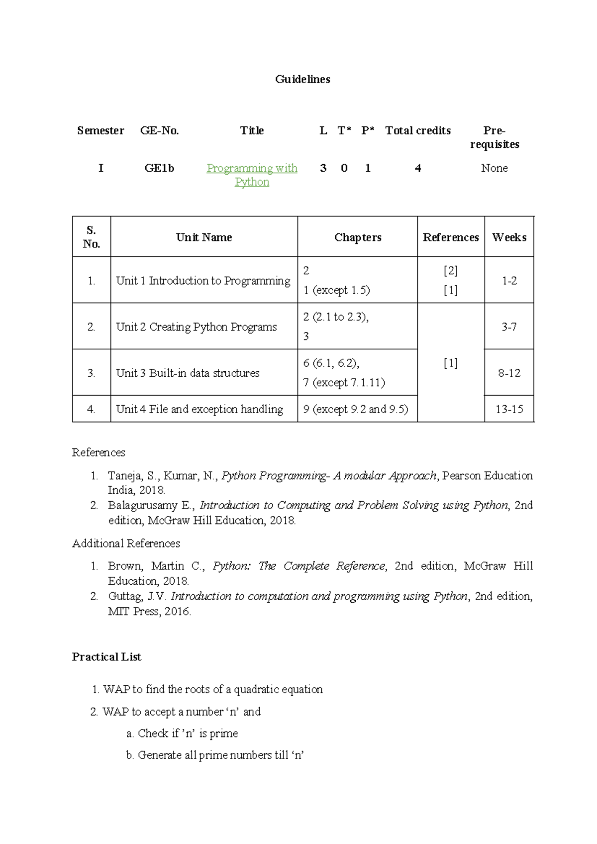 python ge sem 1 practical list - Guidelines Semester GE-No. Title L T ...