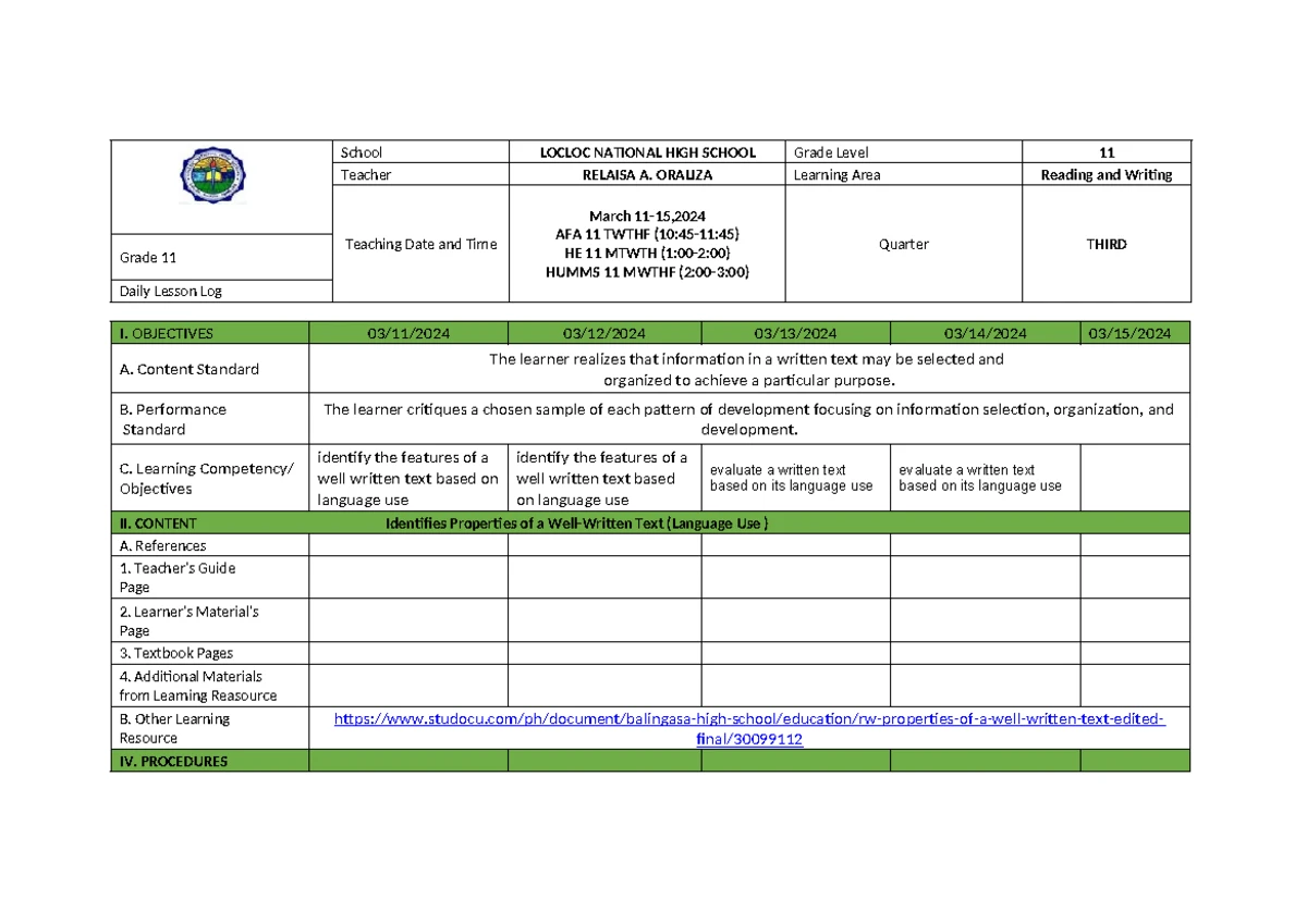 DLP Conducting Surveys & Experiments: Grade 12 Lesson Log - Studocu