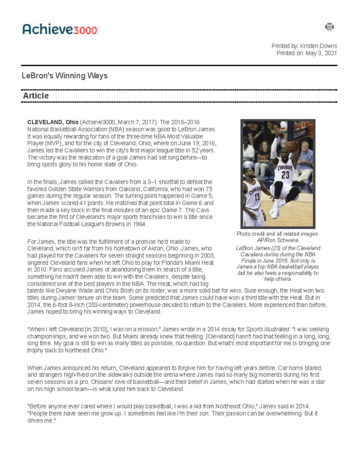 Grade 7 Summer Article Le Bron s Winning Ways - Photo credit and all ...