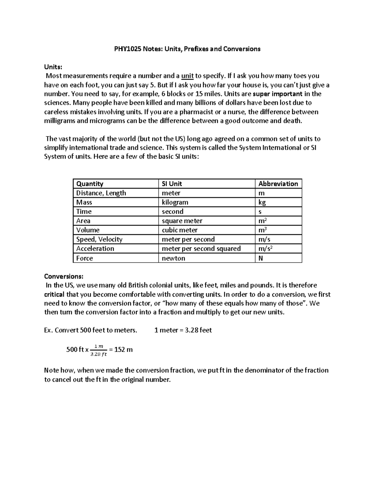 PHY1025 Lecture Notes on Units, Prefixes & Conversions - Studocu