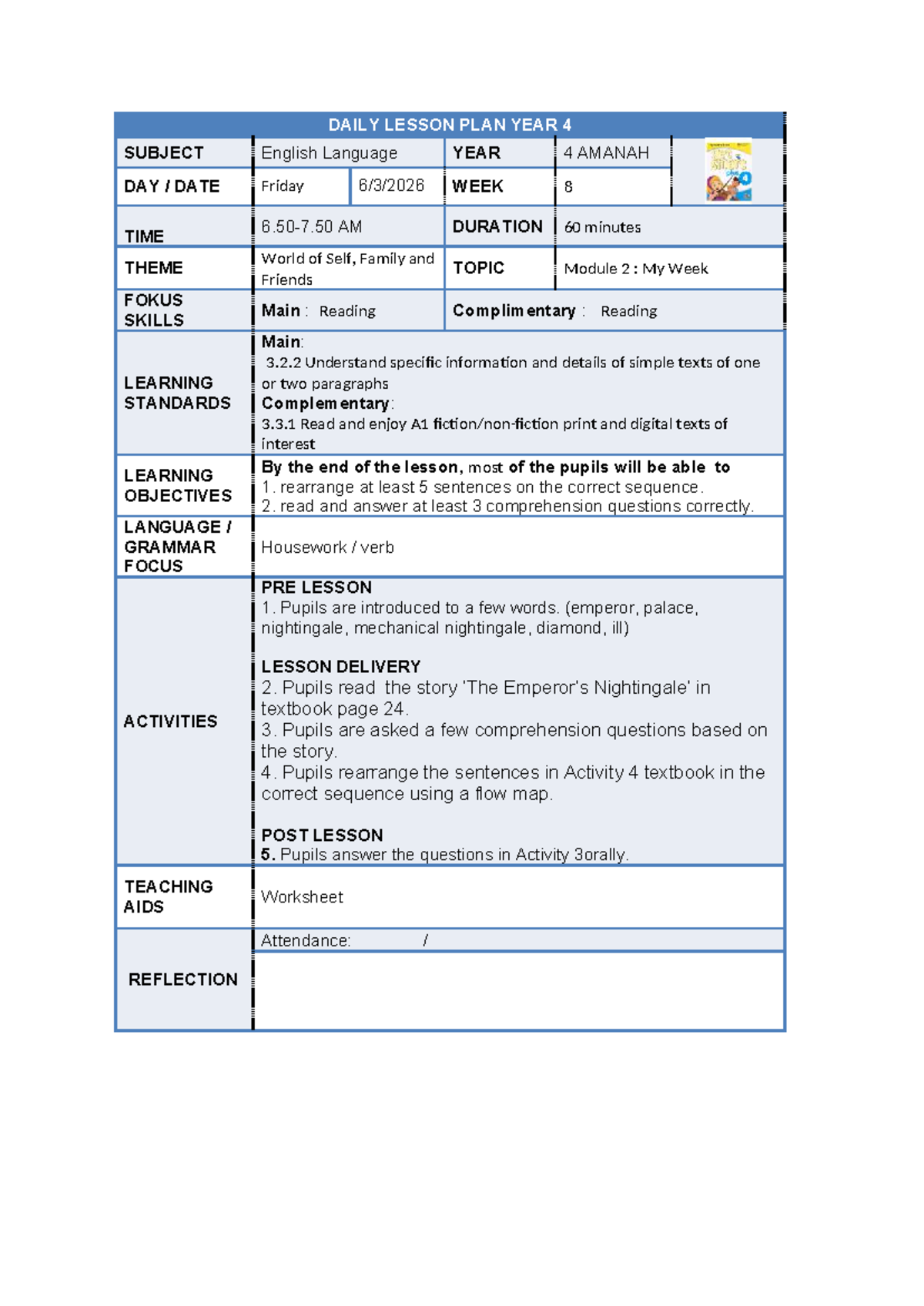 YEAR 4 English Language Daily Lesson Plan: Module 2 - My Week - Studocu