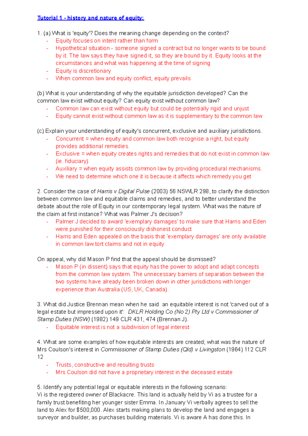 Equity and Trusts Tutorial Questions: Understanding Key Concepts and ...