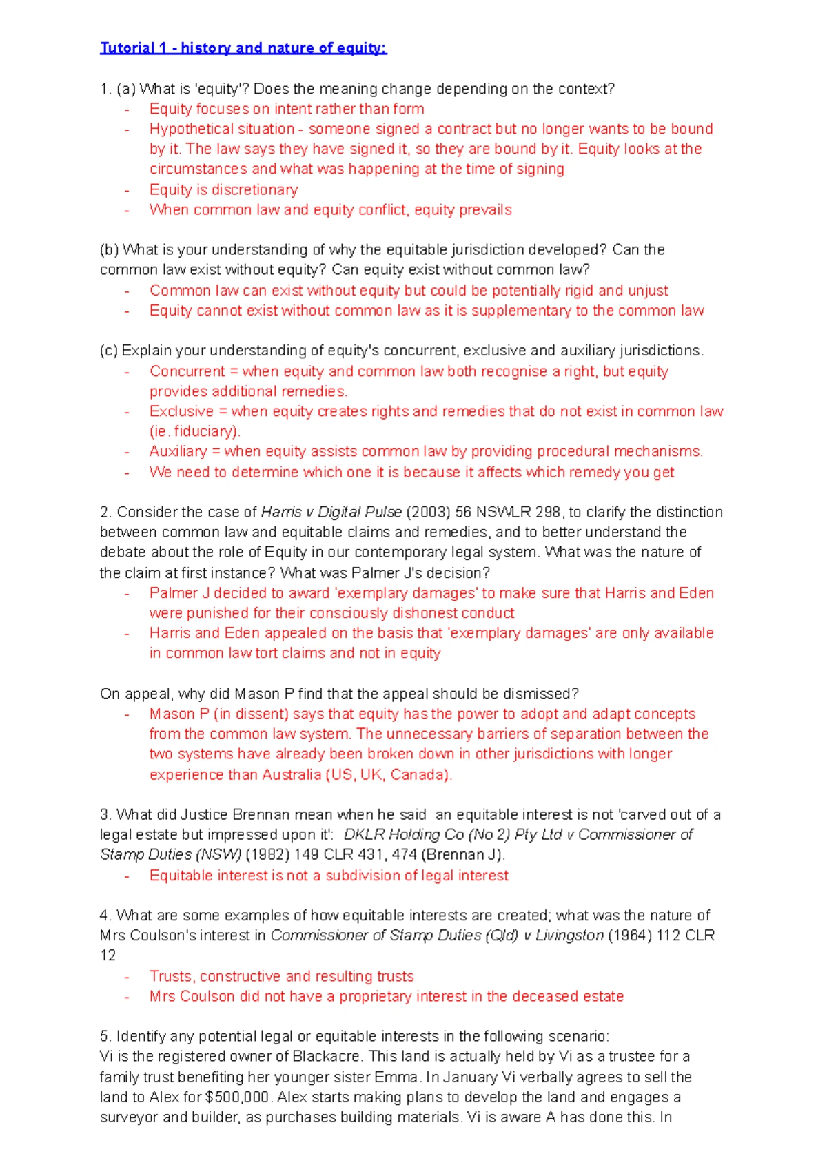 Equity and Trusts Tutorial Questions: Understanding Key Concepts and ...