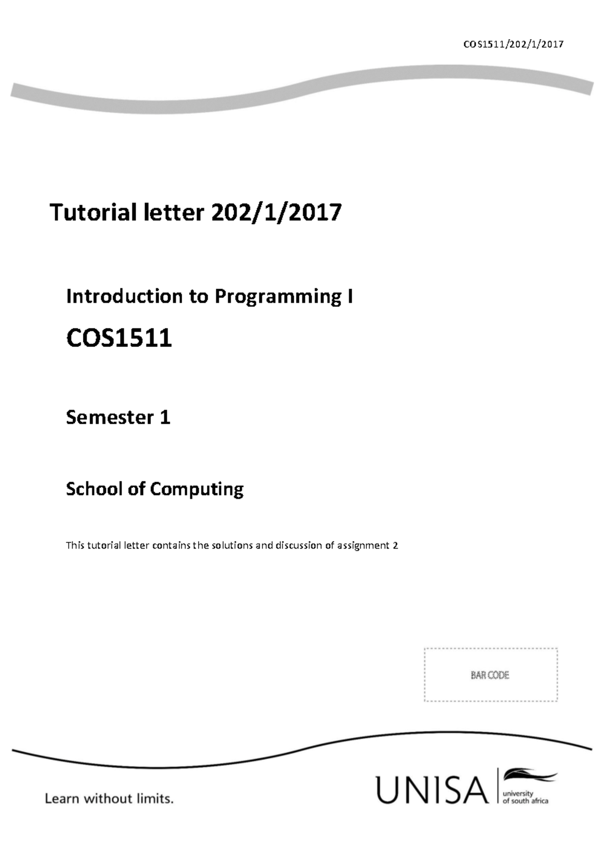 COS1511 Tutorial Letter: Programming I Assignment 2 Solutions - Studocu