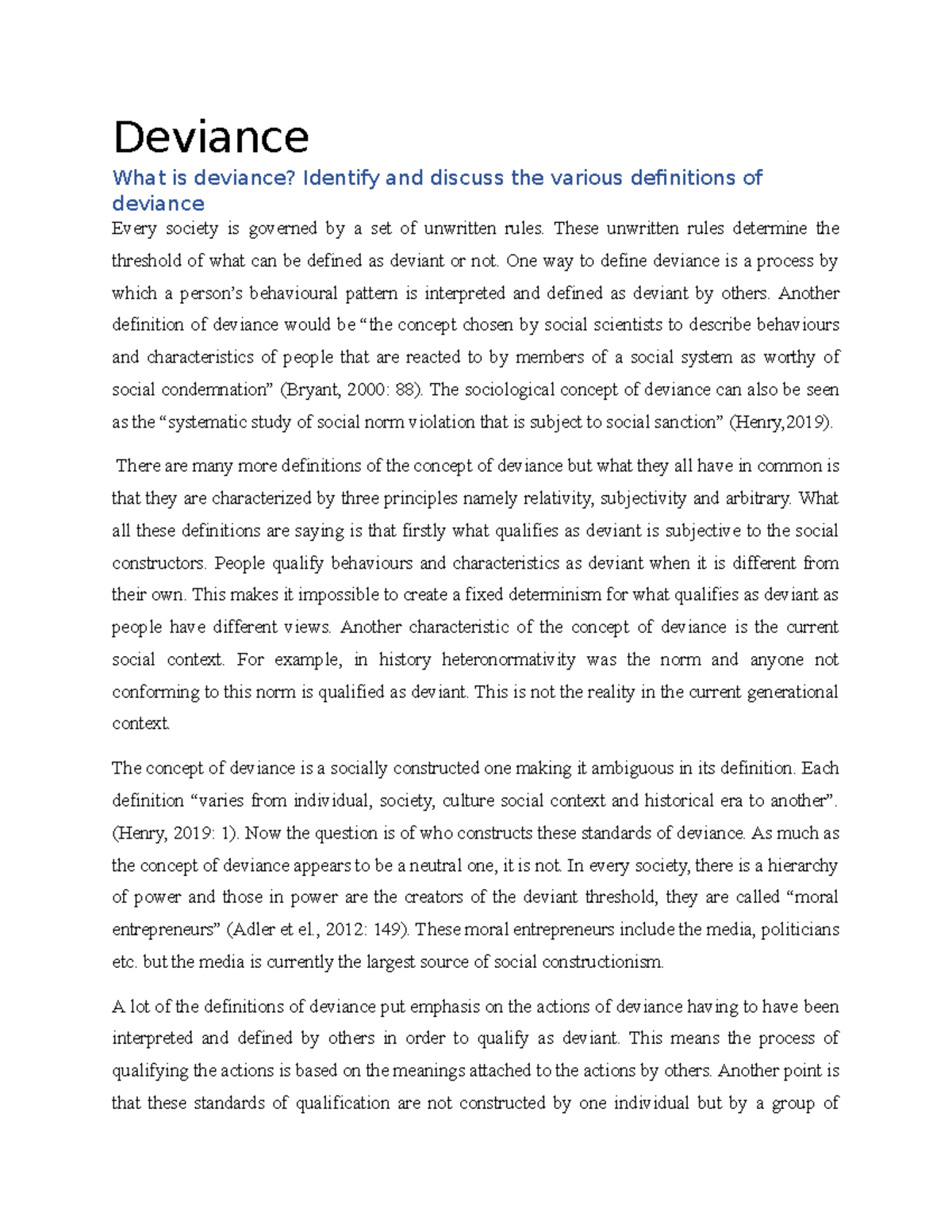 Sociology TUT 1: Understanding the Concept of Deviance - Studocu