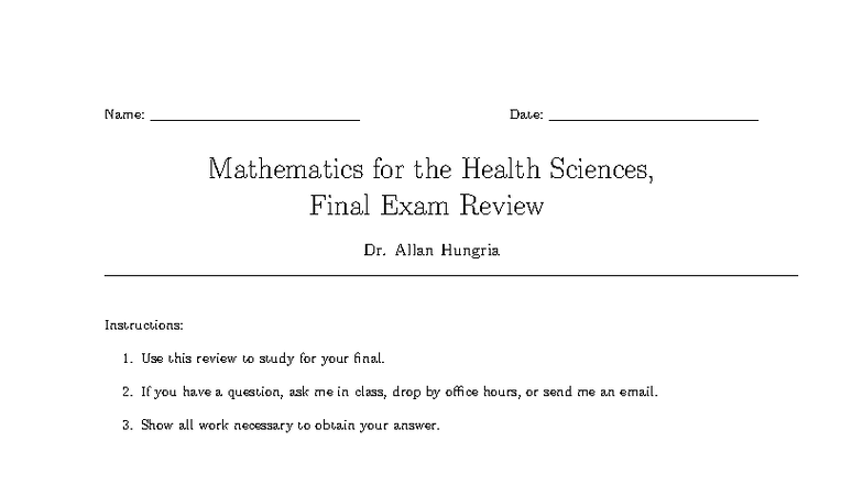 Math 120: Final Exam Review for Health Sciences - Studocu