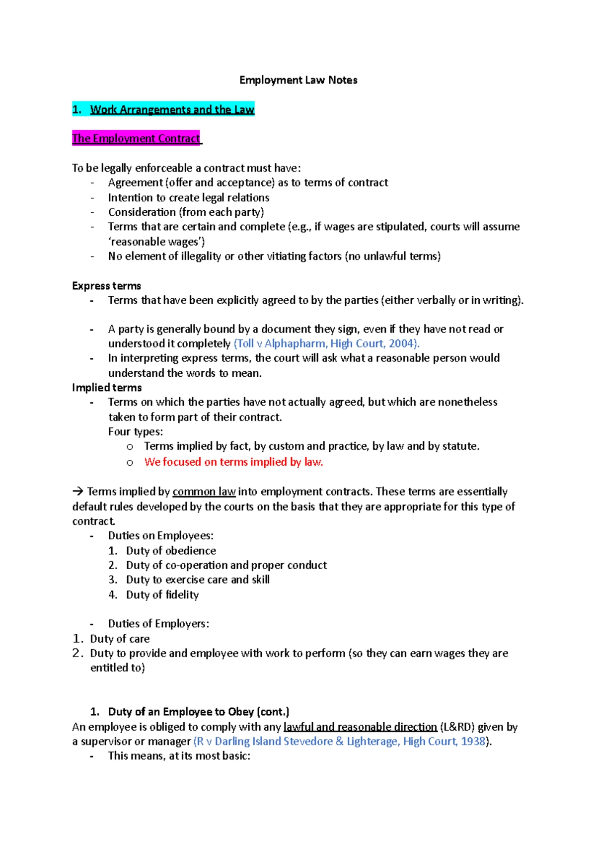 Australian Employment Law Notes BLB4135: Employee Relationship Insights ...
