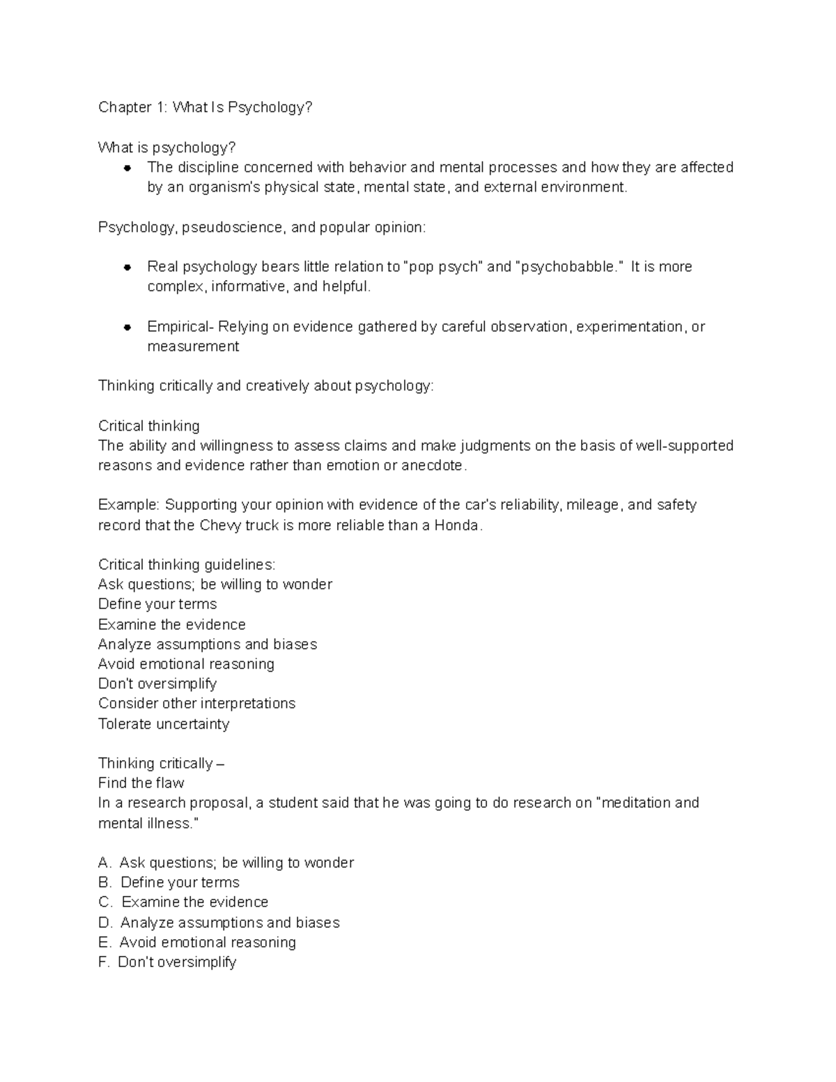 PSYC 101 Lecture Notes: Introduction to Psychology & Critical Thinking ...