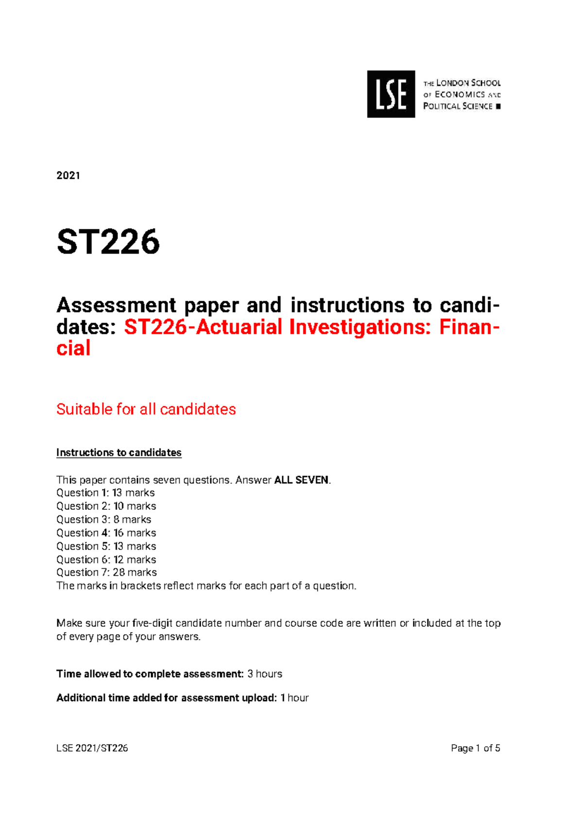 ST226 2021 Assessment Paper: Financial Investigations Instructions ...