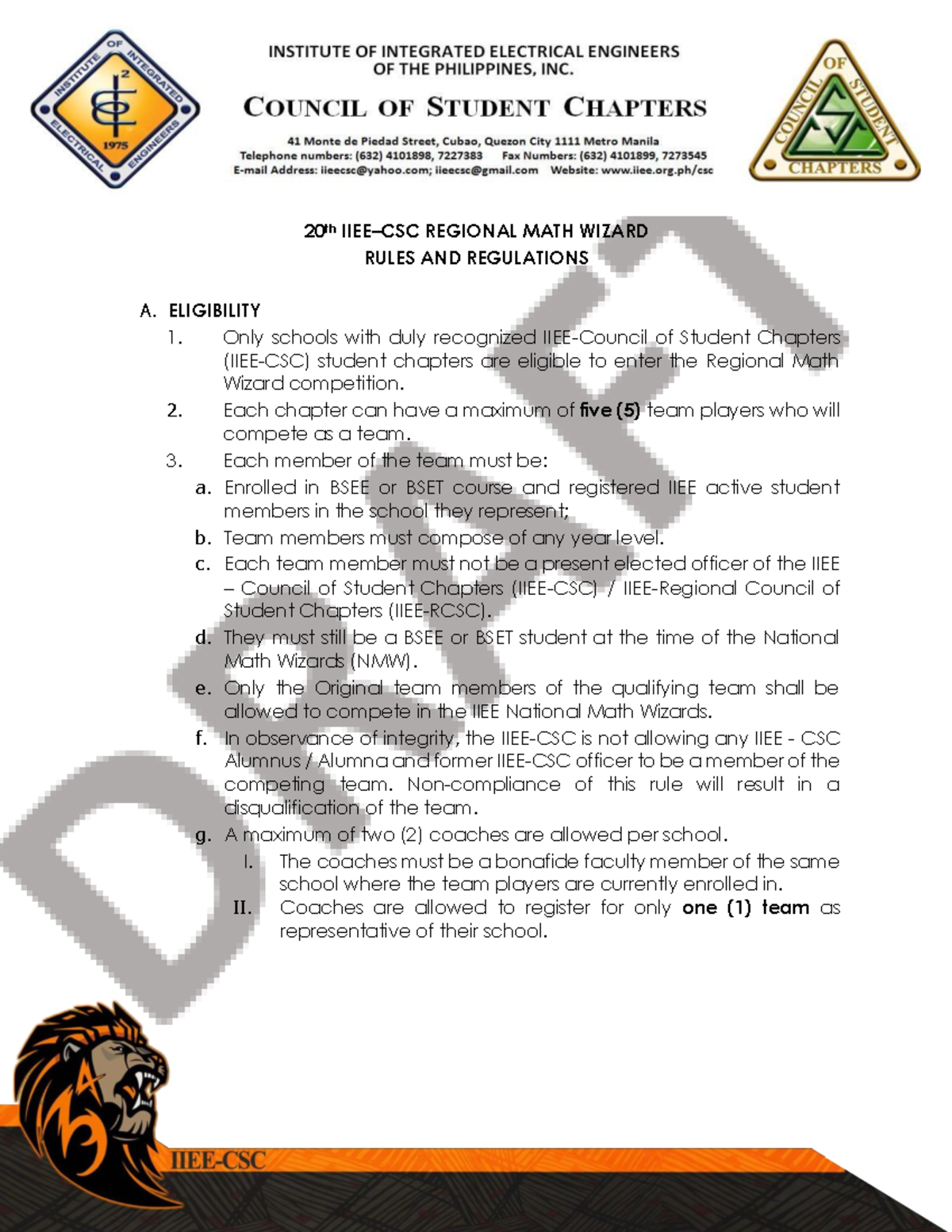 20th IIEE-CSC Regional Math Wizard Competition Rules & Regulations ...