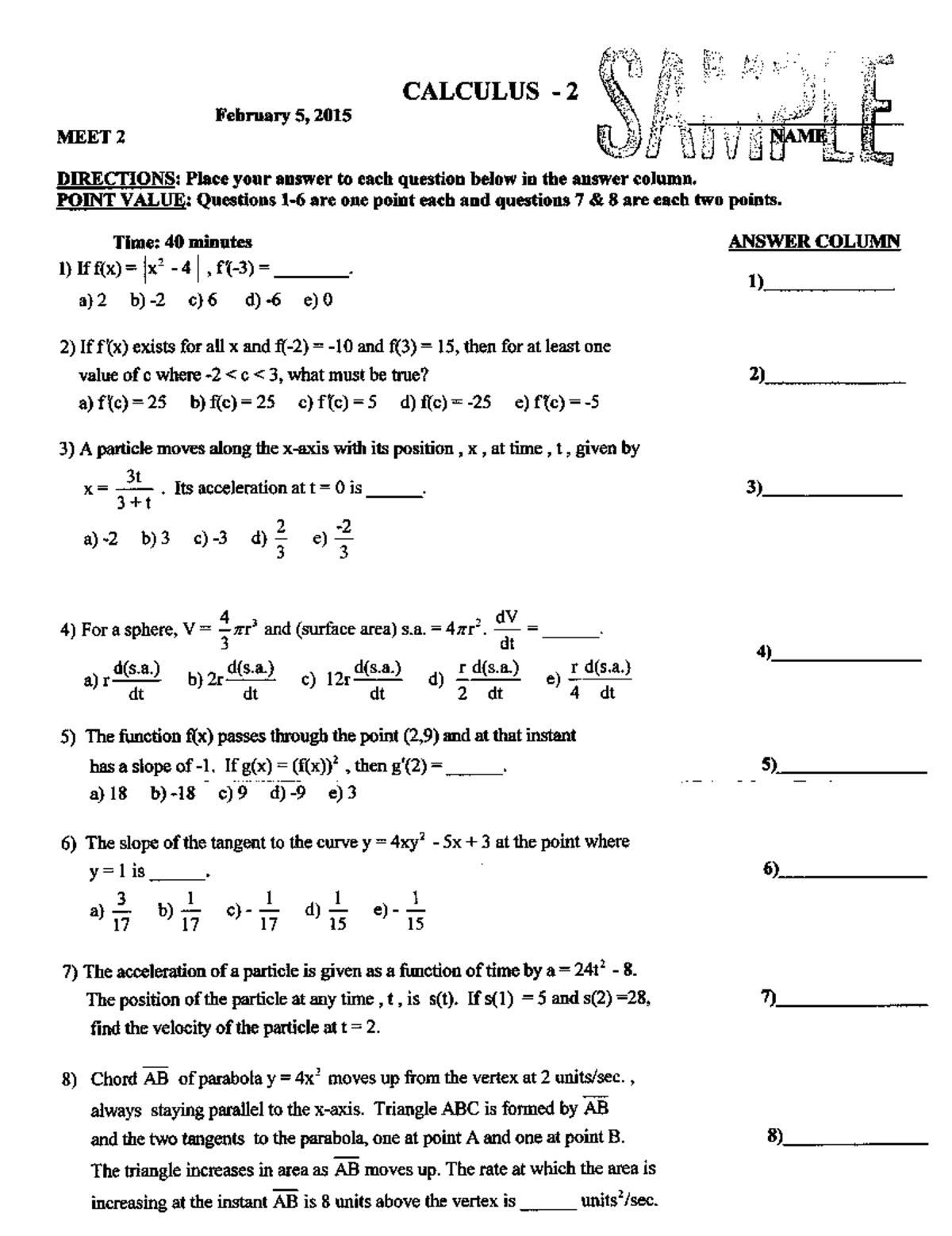 CML Calculus 2 Sample Exam Document - February 2015 - Studocu