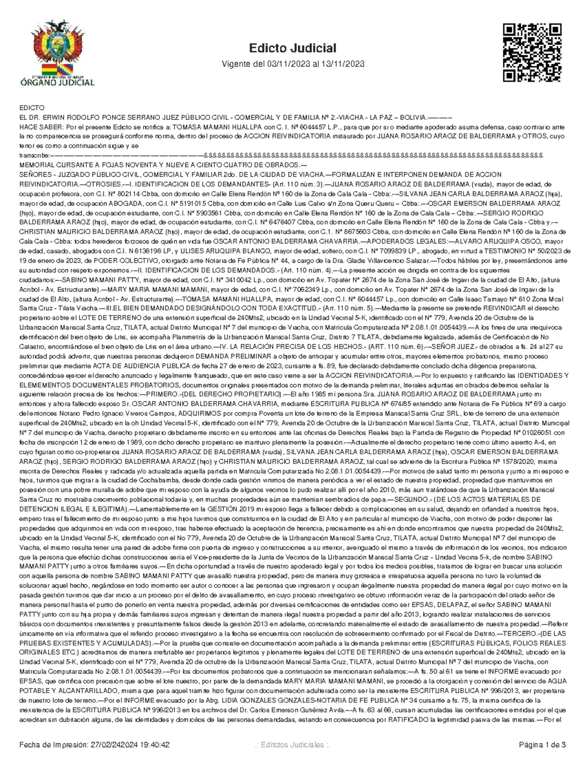 Edicto Judicial sobre Acción Reivindicatoria - Caso Ponce Serrano - Document Preview