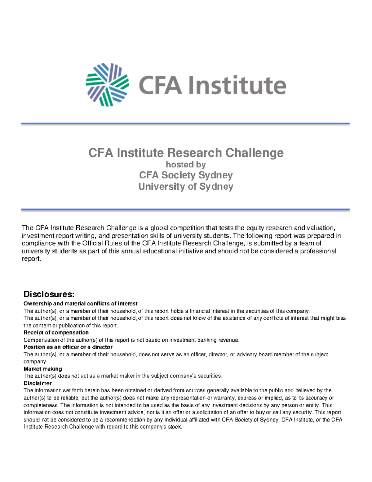 CFA Institute Research Challenge 2020 Winning Report - University of ...