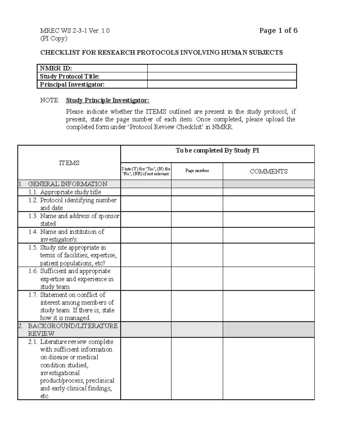 Research Protocol Review Checklist for Human Subjects (PI Copy) - Studocu