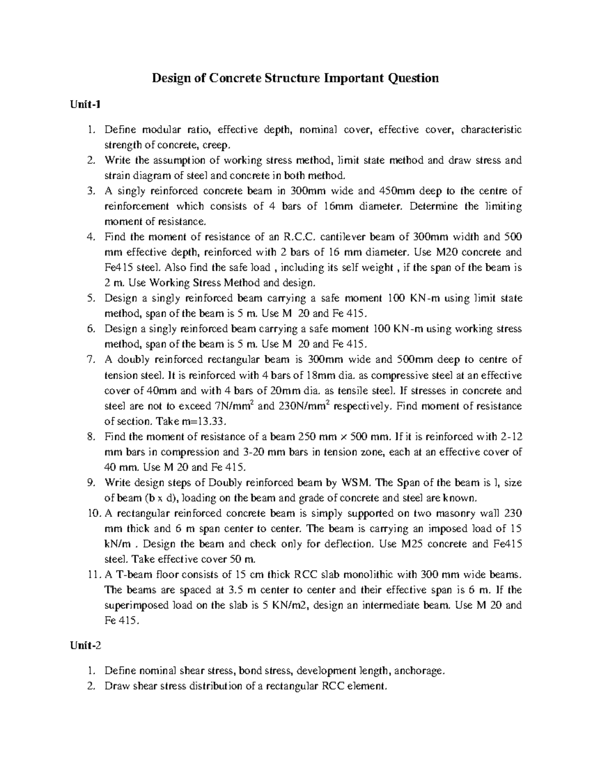 DCS Important Questions for Design of Concrete Structures Exam - Studocu