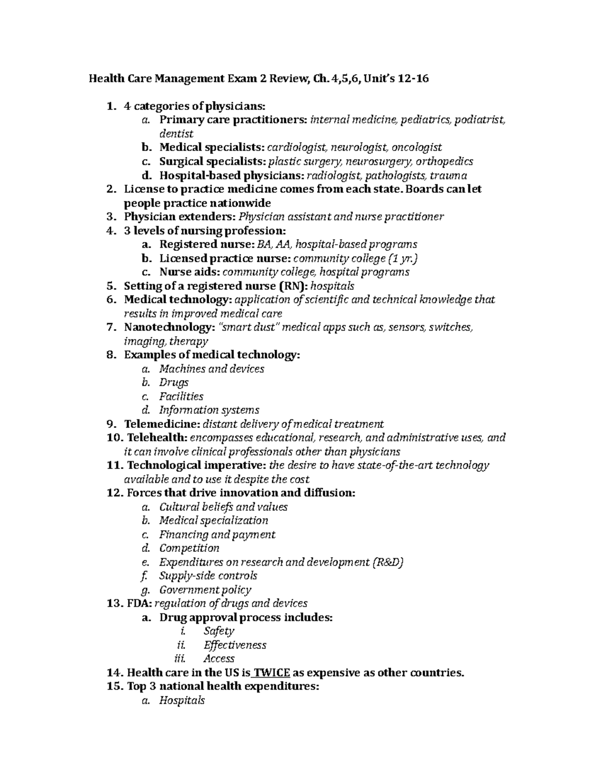Health Care Management Exam 2 Review: Chapters 4-6 Overview - Studocu
