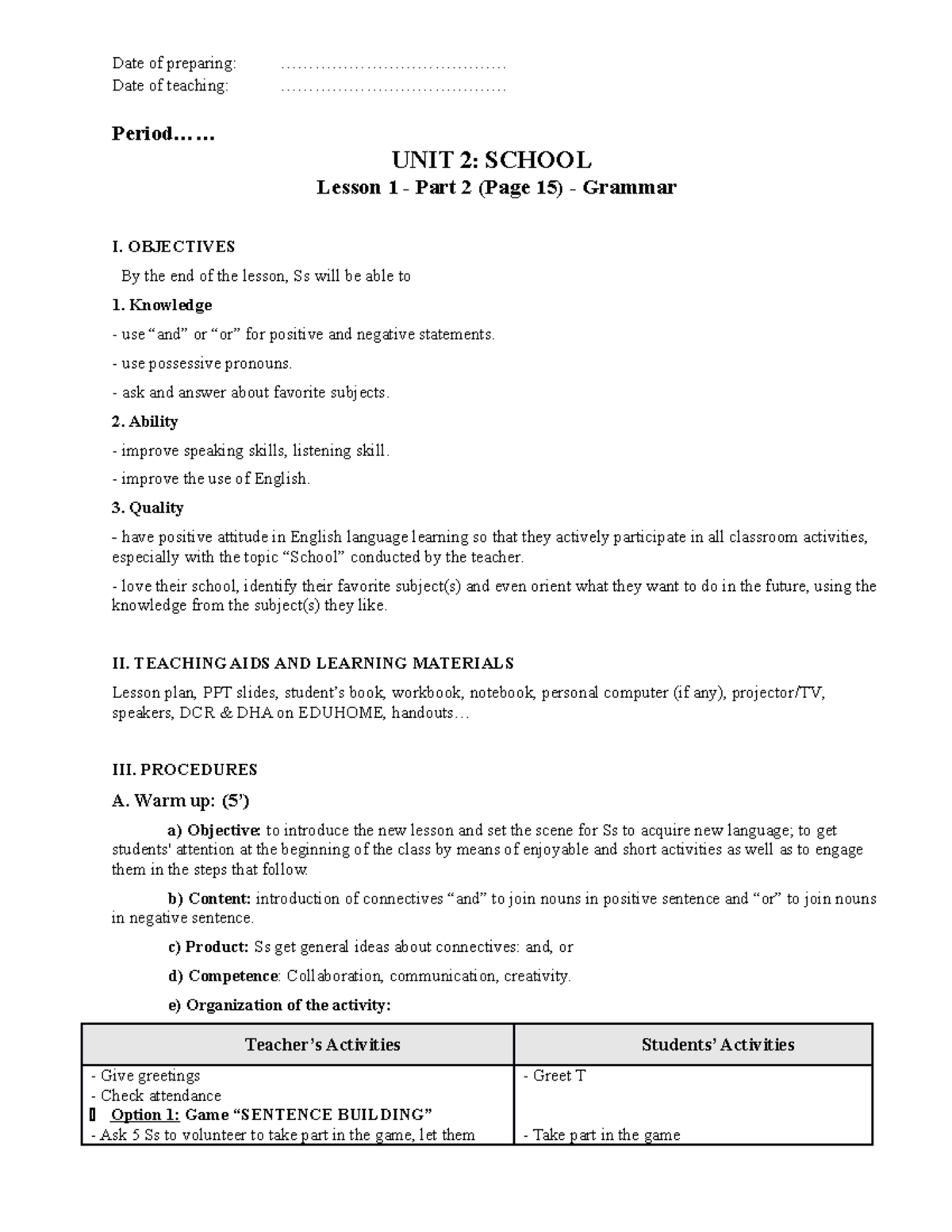 Giáo án tiếng anh 6 smart world UNIT 2 - Lesson 1 - PART 2 - Grammar ...