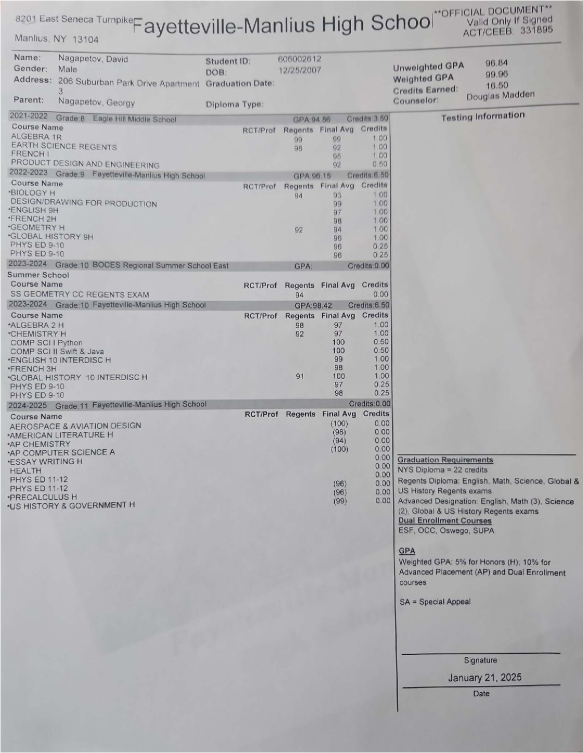 University Transcript - Nagapetov - Fayetteville-Manlius High School ...
