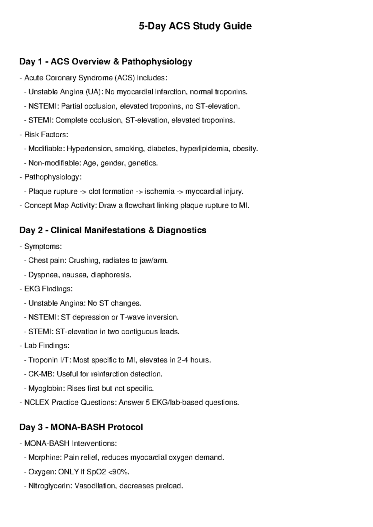 ACS 5-Day Study Guide: Pathophysiology, Symptoms & MONA-BASH Protocol ...