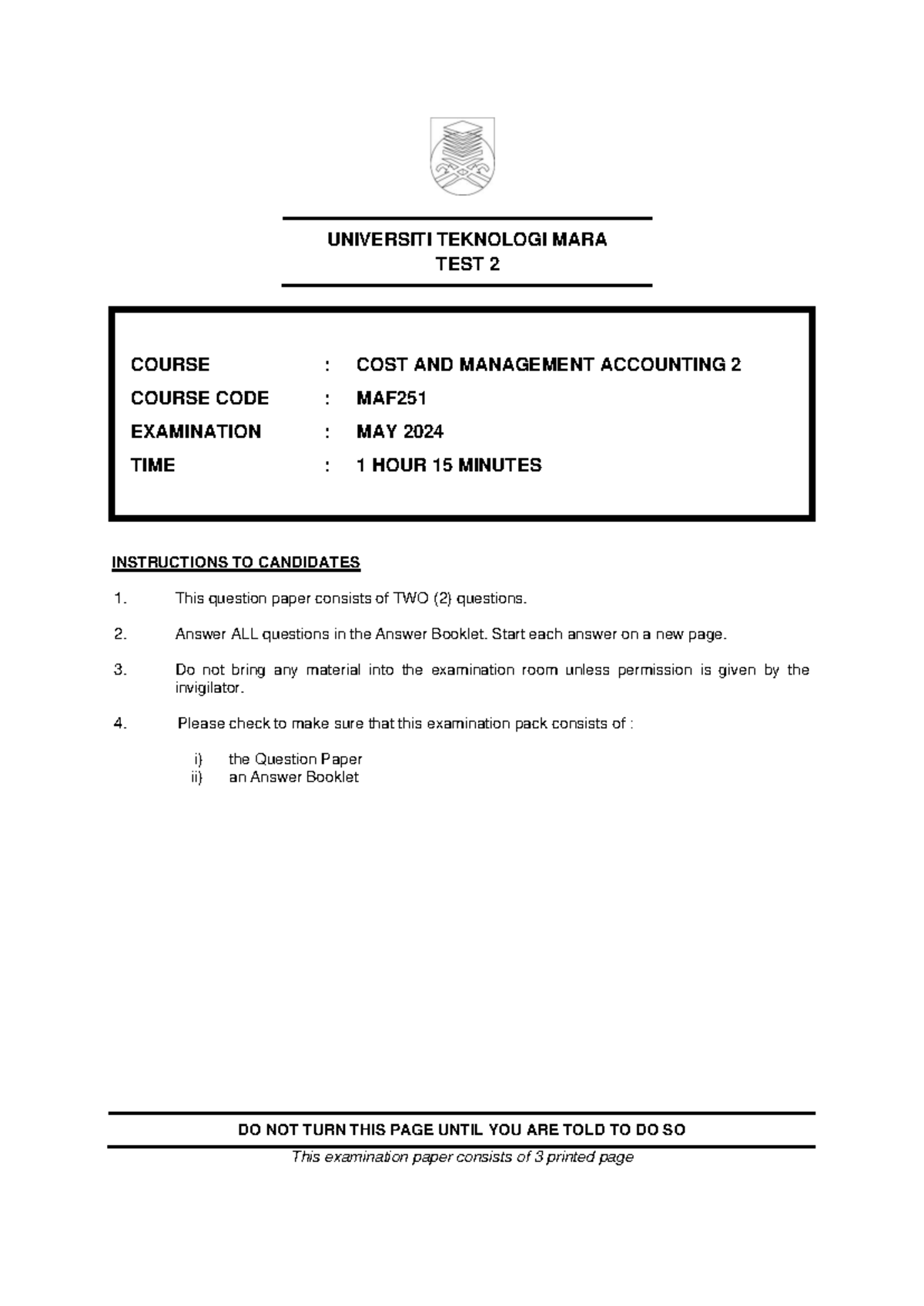 TEST 2 MAF251 COST & MANAGEMENT ACCOUNTING MAY 2024 - Studocu