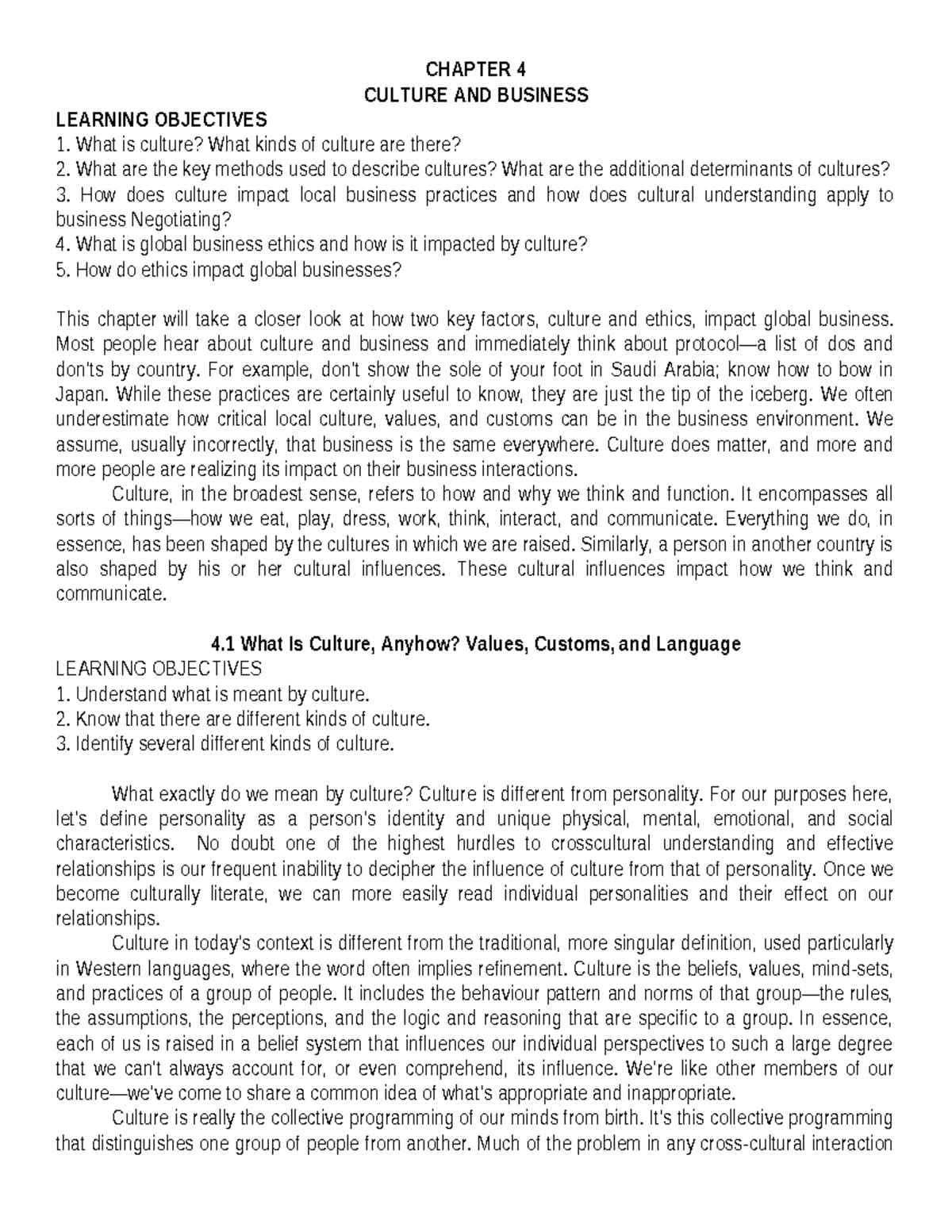 Chapter-4-Reading - Ssnns - CHAPTER 4 CULTURE AND BUSINESS LEARNING ...