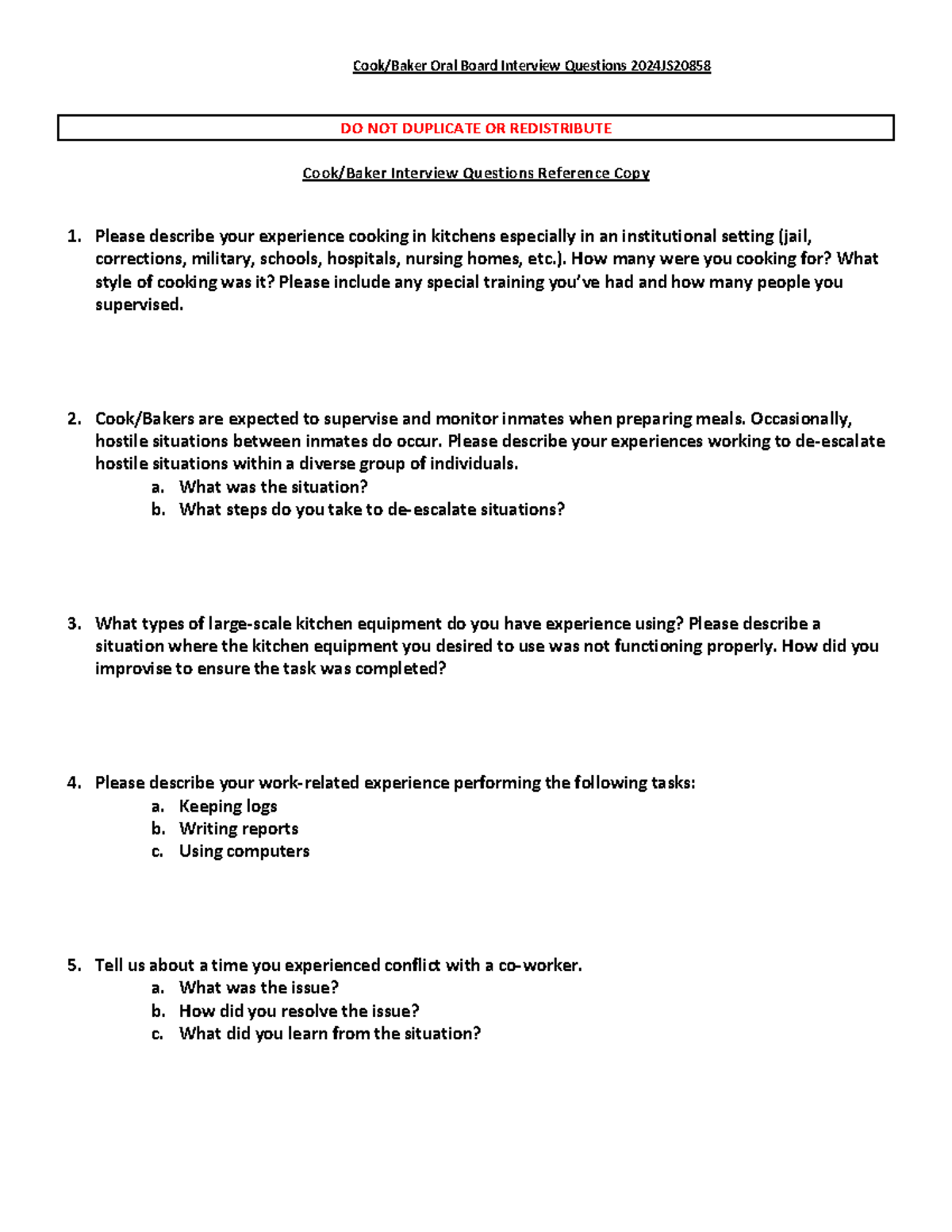 Cook/Baker I Interview Questions Reference 2024JS20858 - Studocu