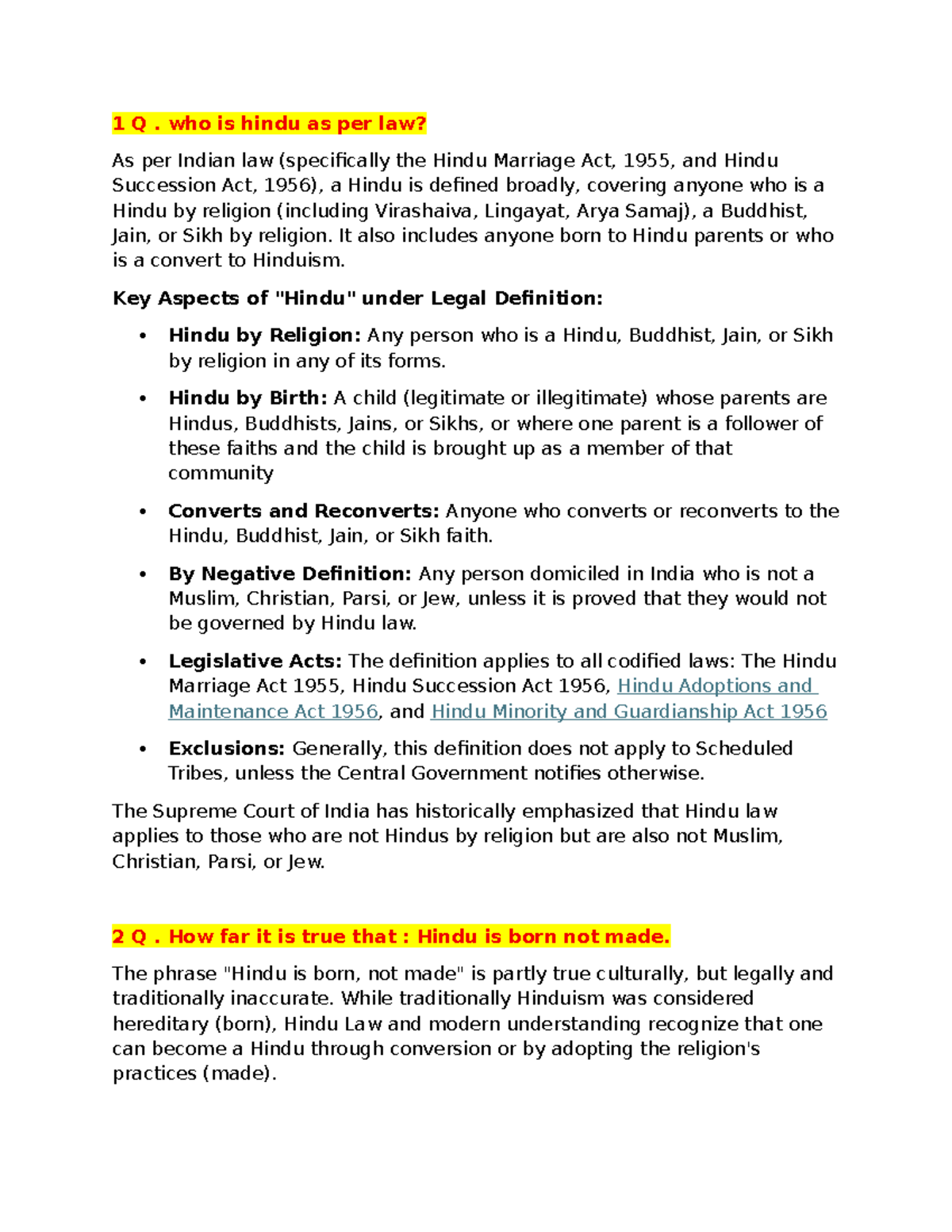 Hindu Law - Key Concepts and Legal Definitions (Course Code: 1 Q) - Studocu