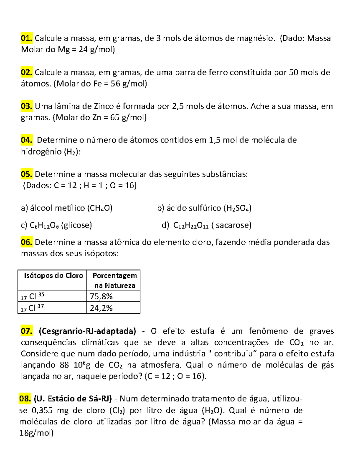 2ª Série - MOL - Lista de Exercícios sobre Cálculos de Massa e Mol ...