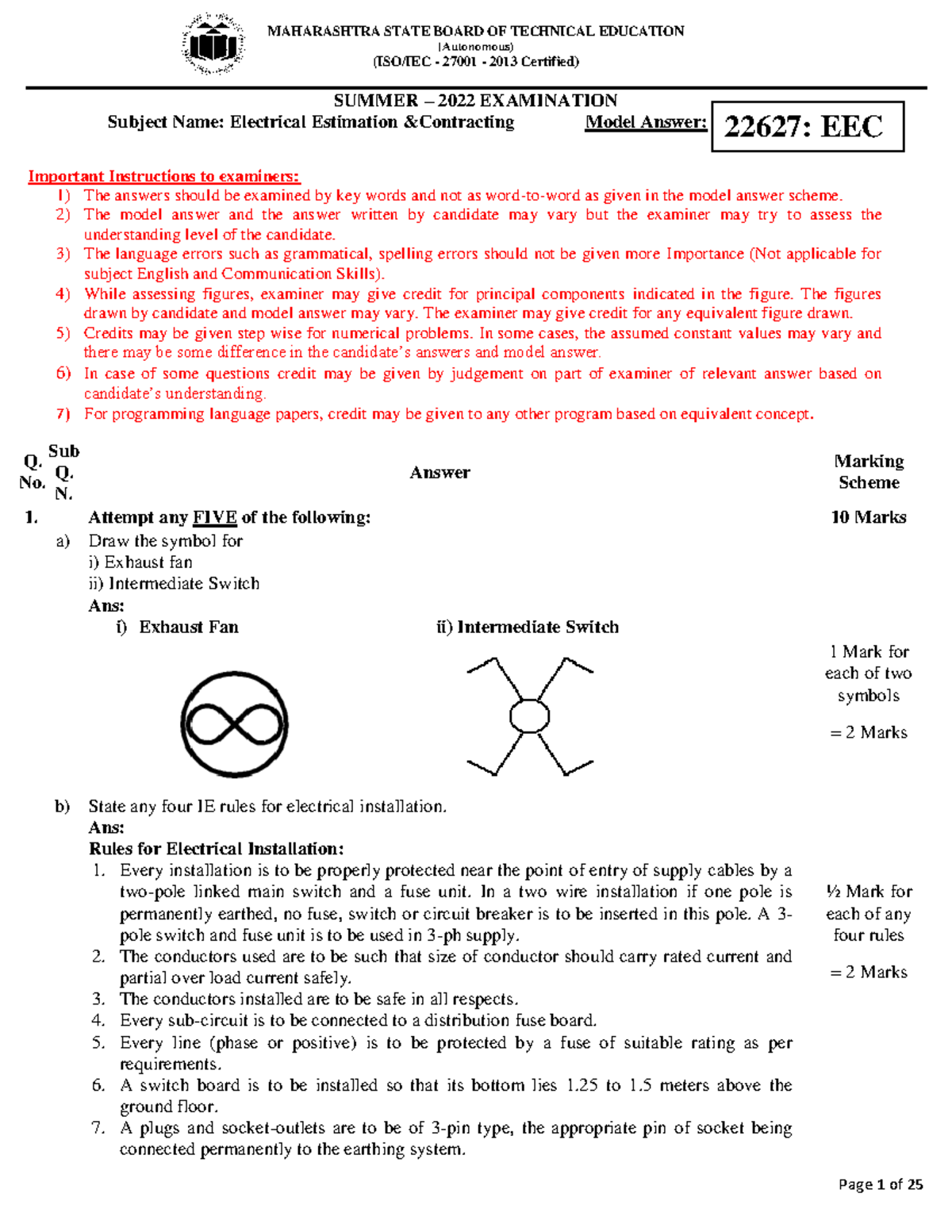22627-SUMMER-2022 Electrical Estimation & Contracting Model Answers ...