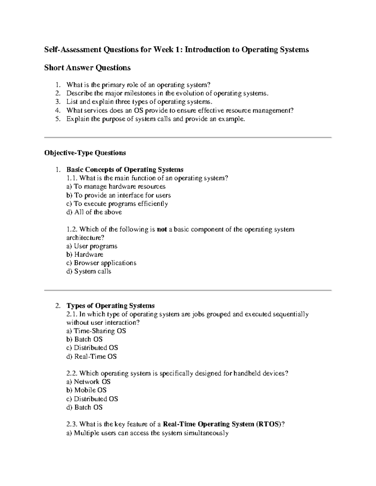 Self-Assessment Questions for OS 101: Week 1 Intro to Operating Systems ...