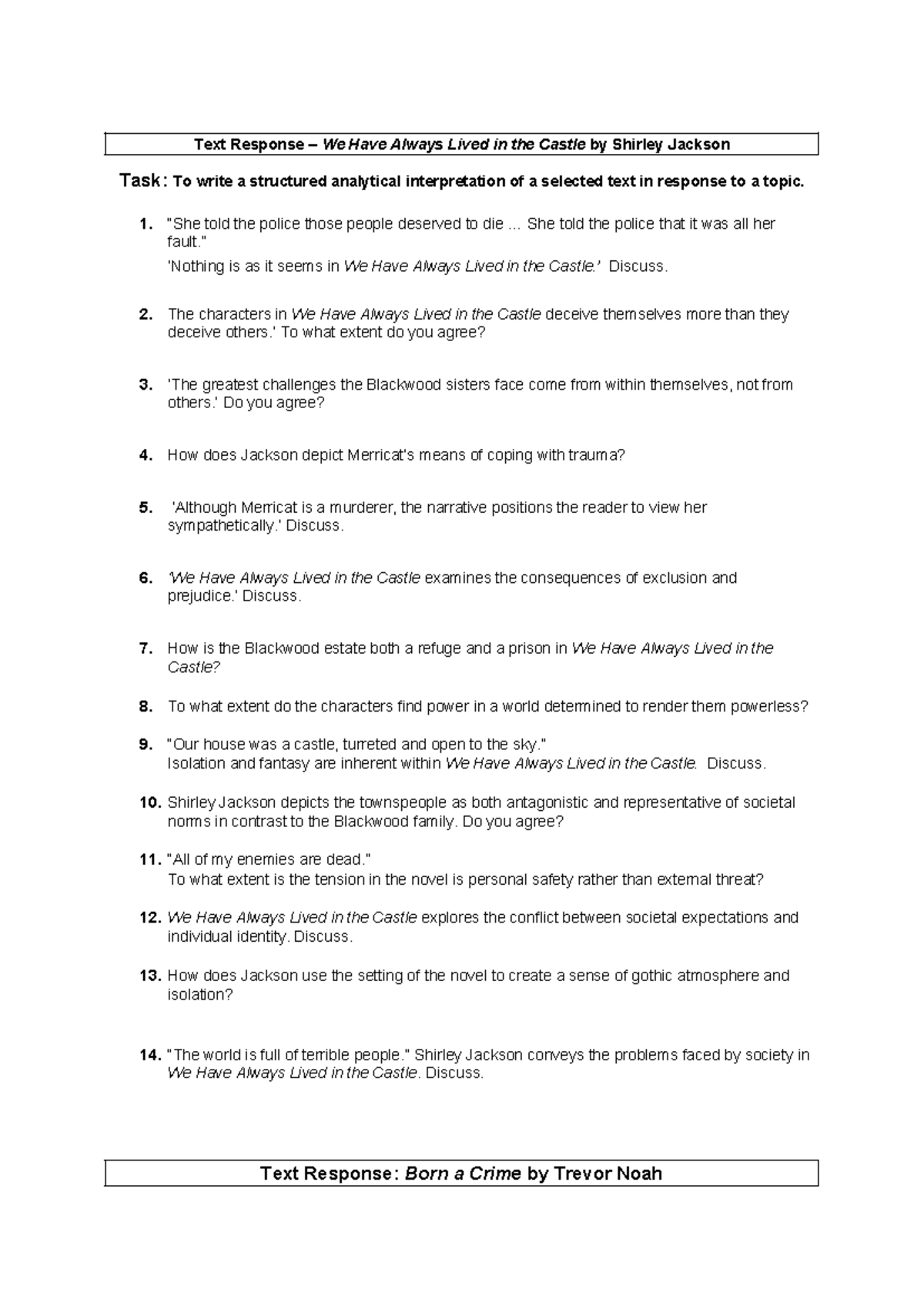 Essay prompts Text Response We Have Always Lived in the Castle by Shirley Jackson Task To