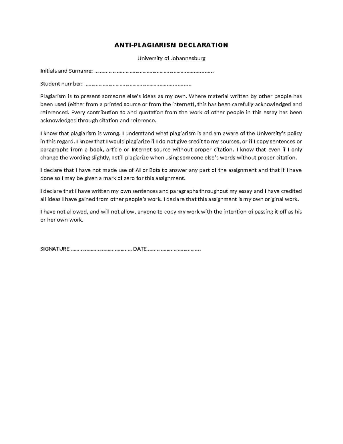 Anti-Plagiarism Declaration - University of Johannesburg 2025 - Studocu