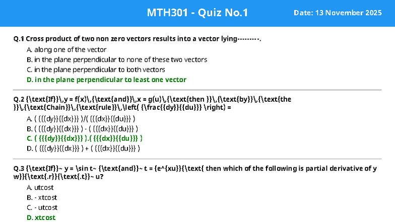Quiz MTH301: Vector Calculus and Partial Derivatives - Studocu