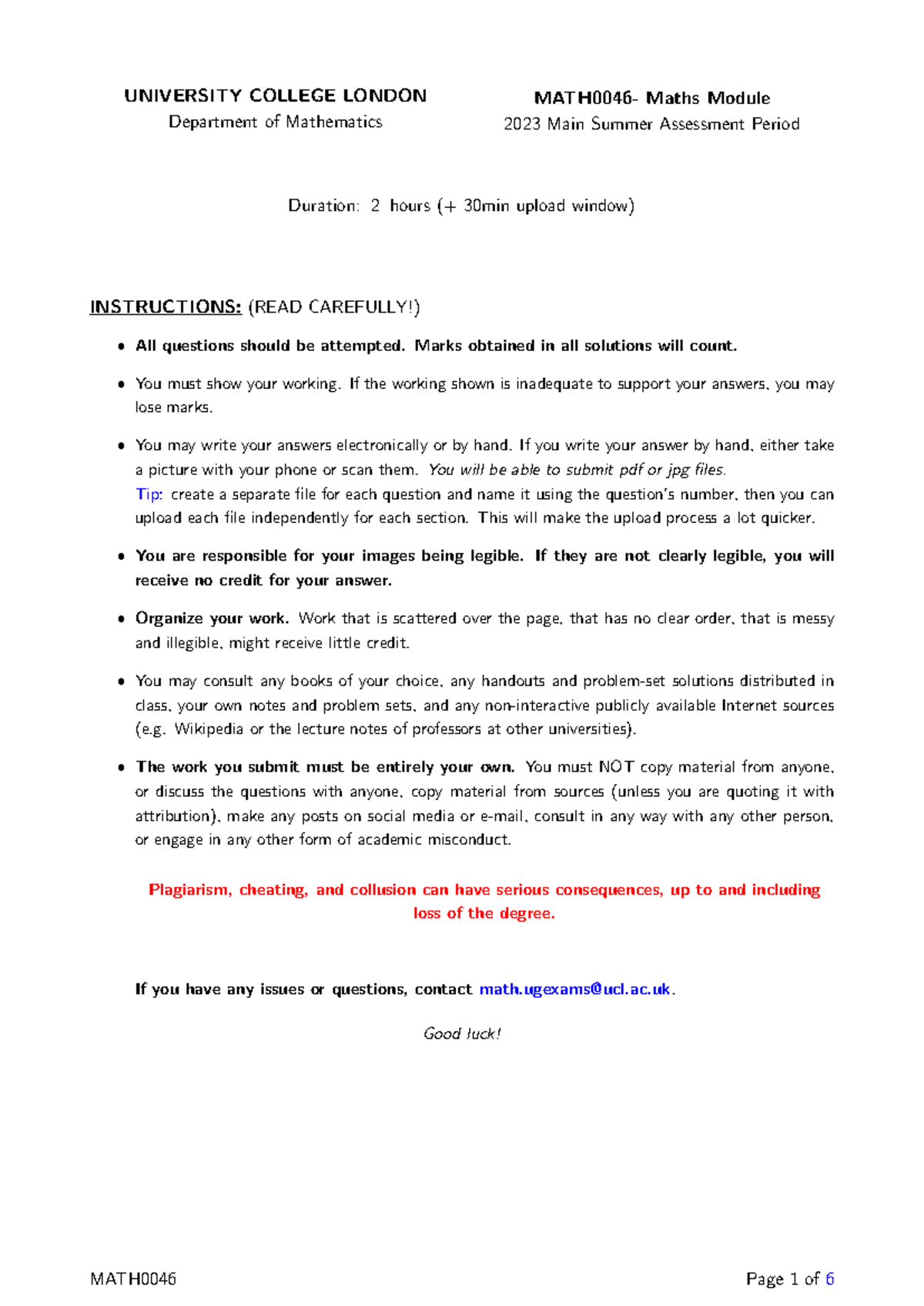 MATH0046 2023 Final Exam Practice: Multivariable Calculus Problems ...