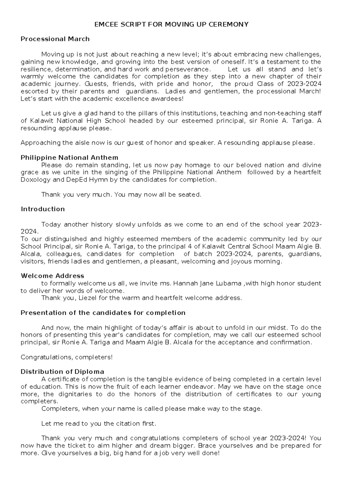 Emcee Script for the Moving Up Ceremony 2023-2024 - Studocu