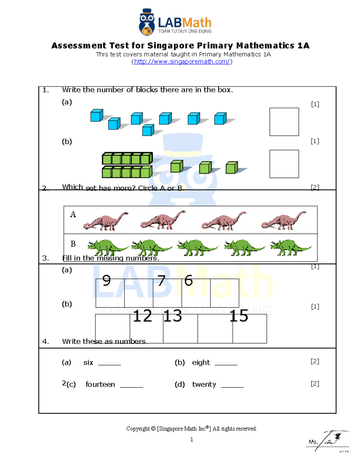 Assessment Test for Singapore Primary Math 1A - Studocu