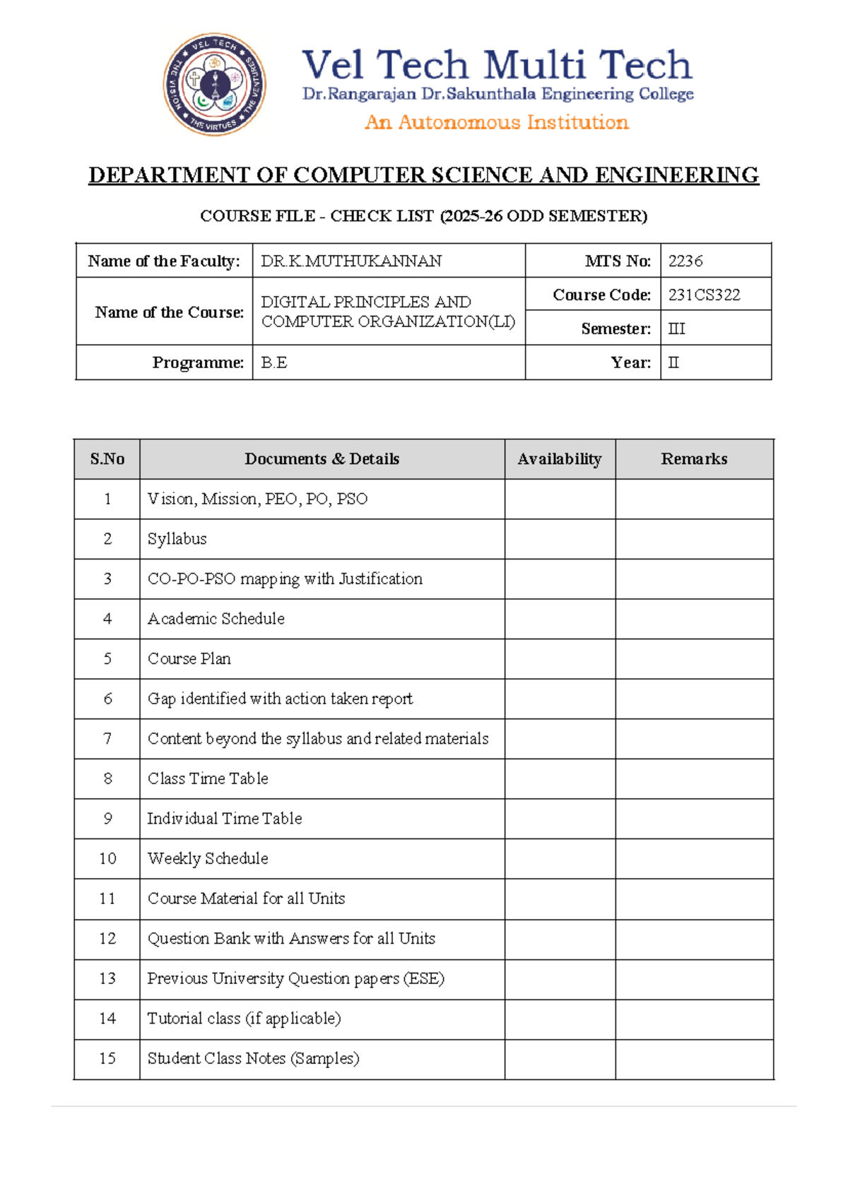 Course File Checklist for Digital Principles & Computer Org (231CS322 ...