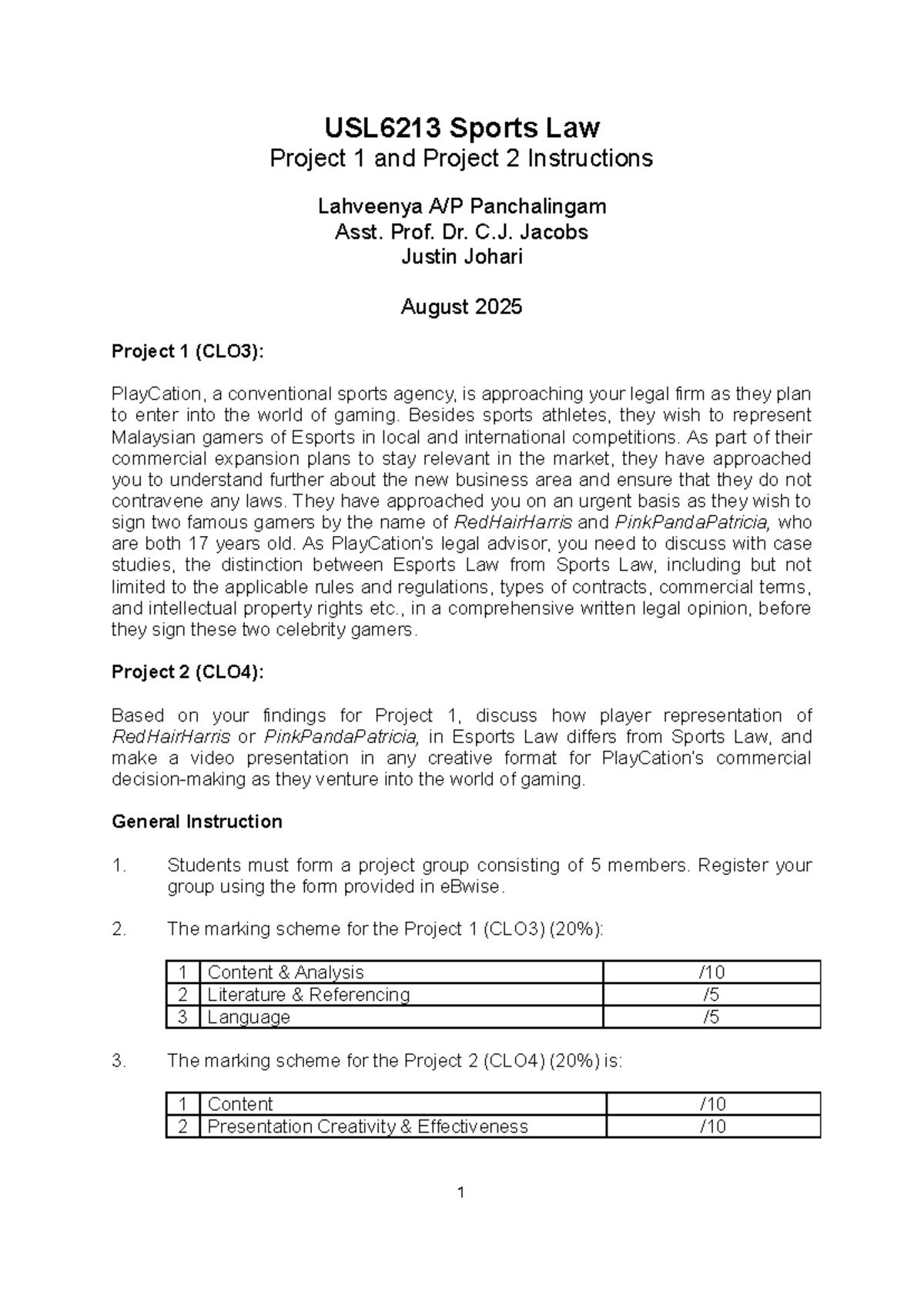 USL6213 Sports Law - Project 1 & 2: Esports Representation Guidelines ...