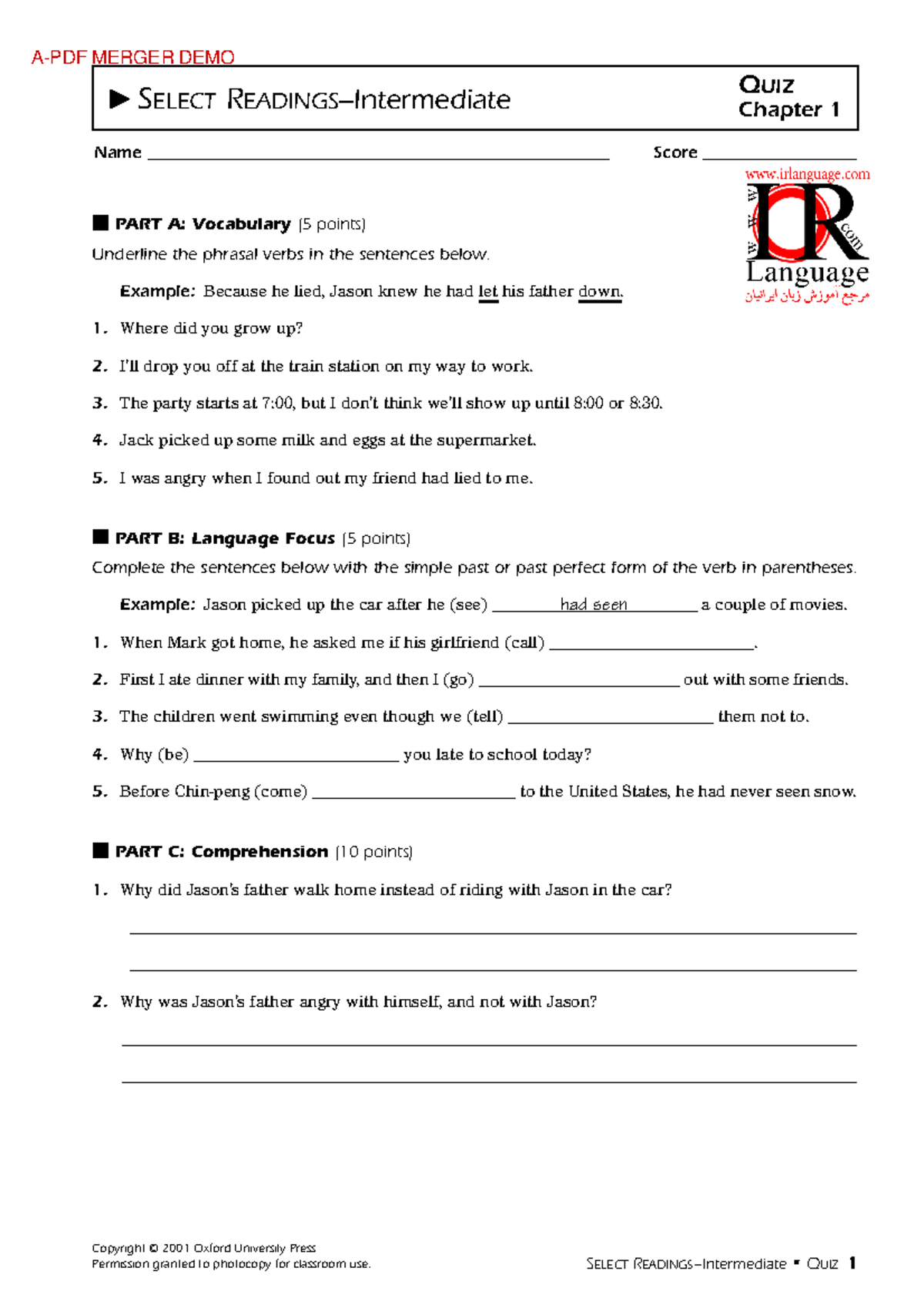 Select Reading Answers - PART A: Vocabulary (5 points) Underline the ...