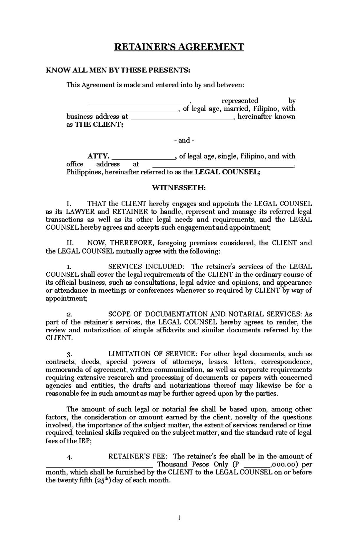 317092372 Sample Retainer Agreement for Legal Counsel Services - Studocu